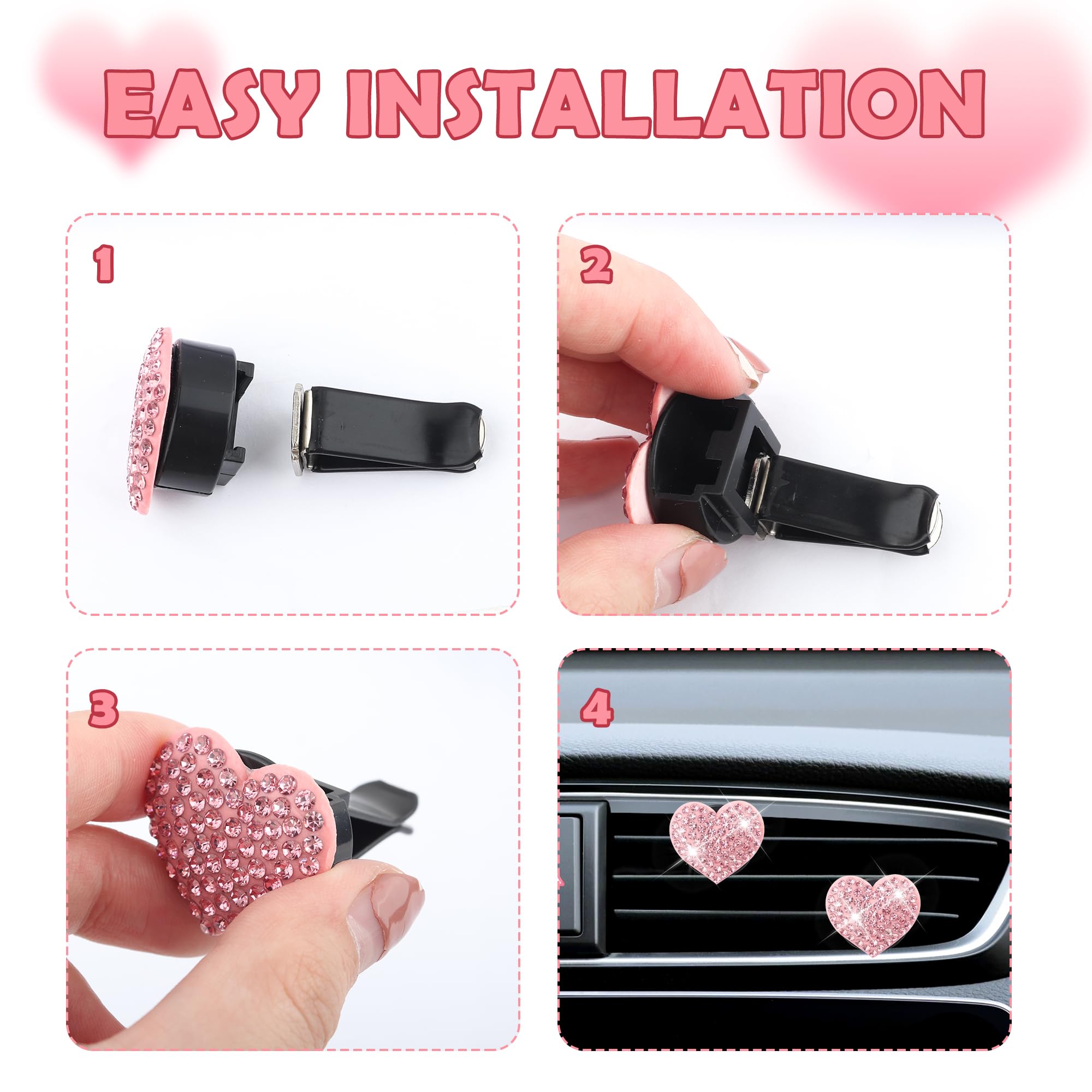4PCS Heart-Shaped Car Vent Clips with Rhinestone,Bling Air Vent Clips Car Decorations,Premium Shiny Car Clips for Vents Accessories Interior (Red) - Image 6