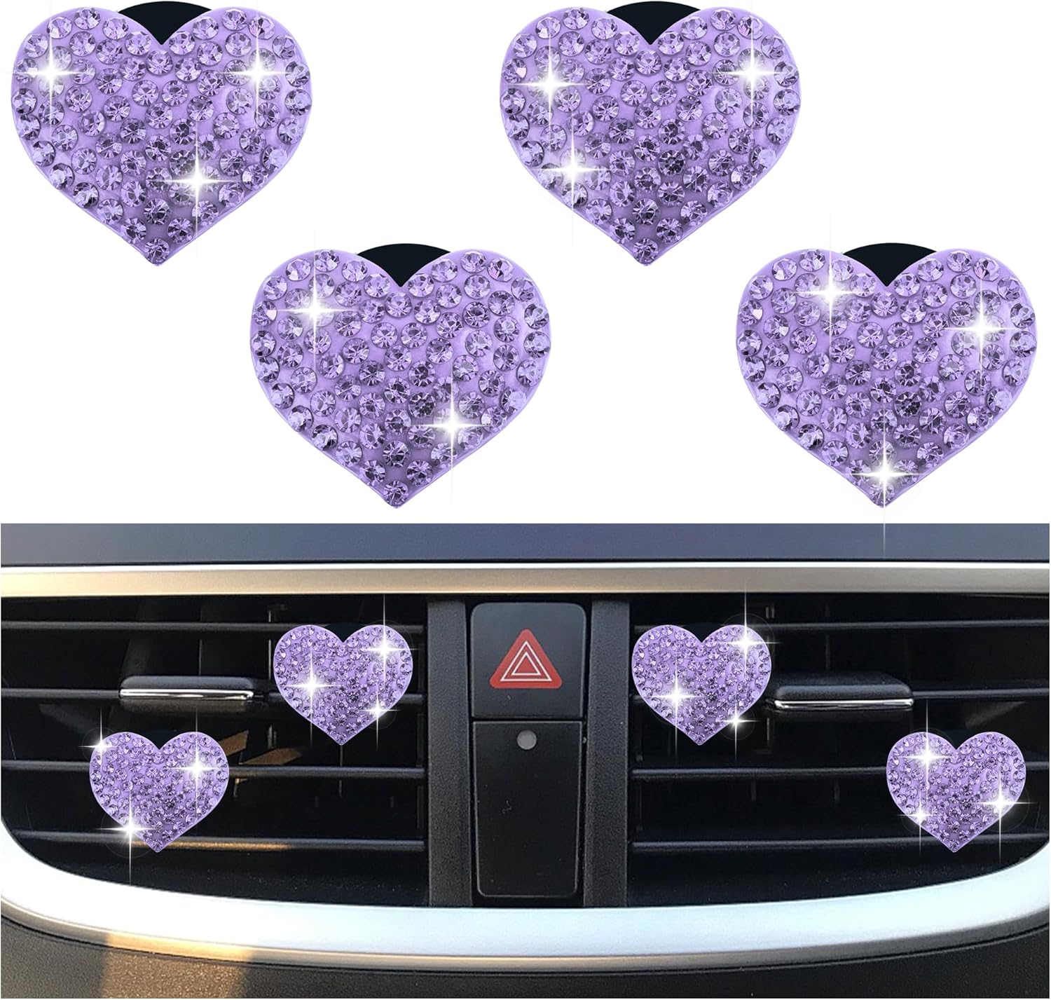 4PCS Heart-Shaped Car Vent Clips with Rhinestone,Bling Air Vent Clips Car Decorations,Premium Shiny Car Clips for Vents Accessories Interior (Purple) - Image 1