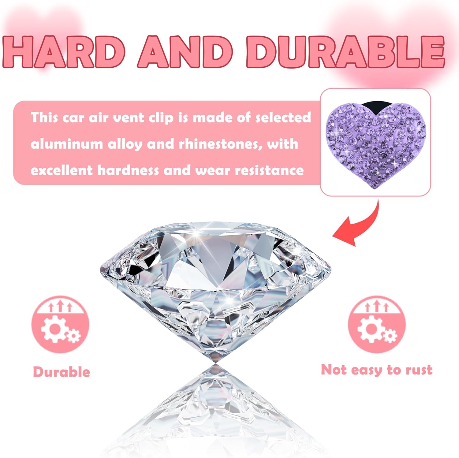 4PCS Heart-Shaped Car Vent Clips with Rhinestone,Bling Air Vent Clips Car Decorations,Premium Shiny Car Clips for Vents Accessories Interior (Purple) - Image 3