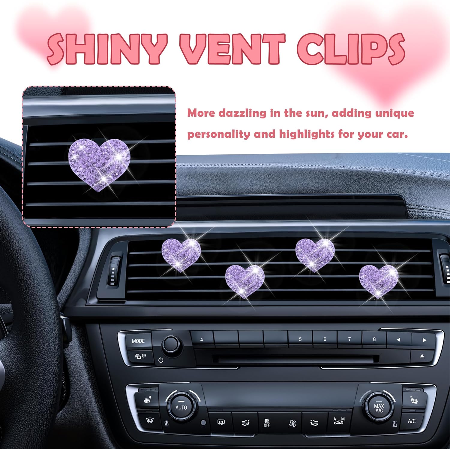 4PCS Heart-Shaped Car Vent Clips with Rhinestone,Bling Air Vent Clips Car Decorations,Premium Shiny Car Clips for Vents Accessories Interior (Purple) - Image 4