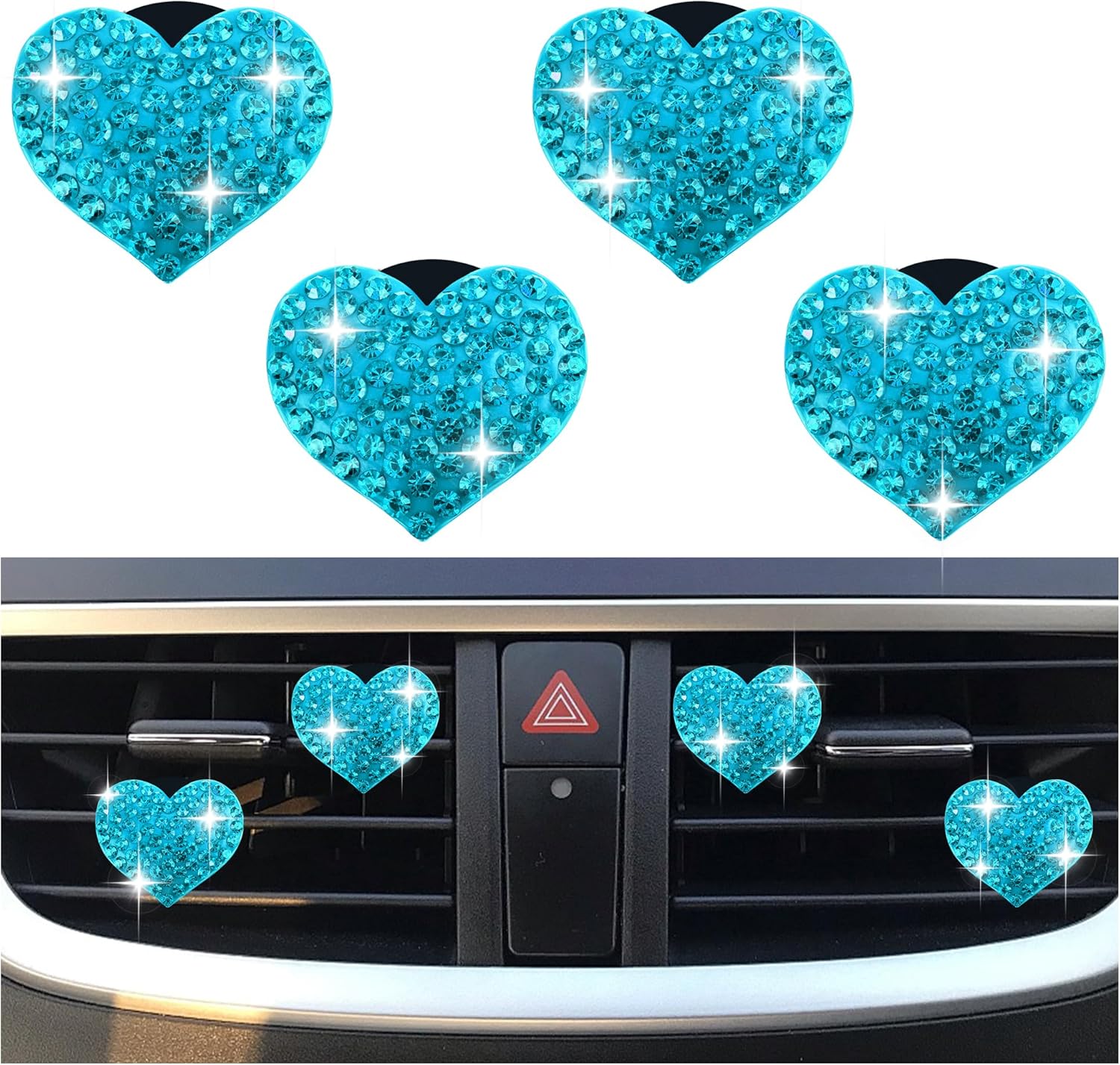 4PCS Heart-Shaped Car Vent Clips with Rhinestone,Bling Air Vent Clips Car Decorations,Premium Shiny Car Clips for Vents Accessories Interior (Lake Blue) - Image 1