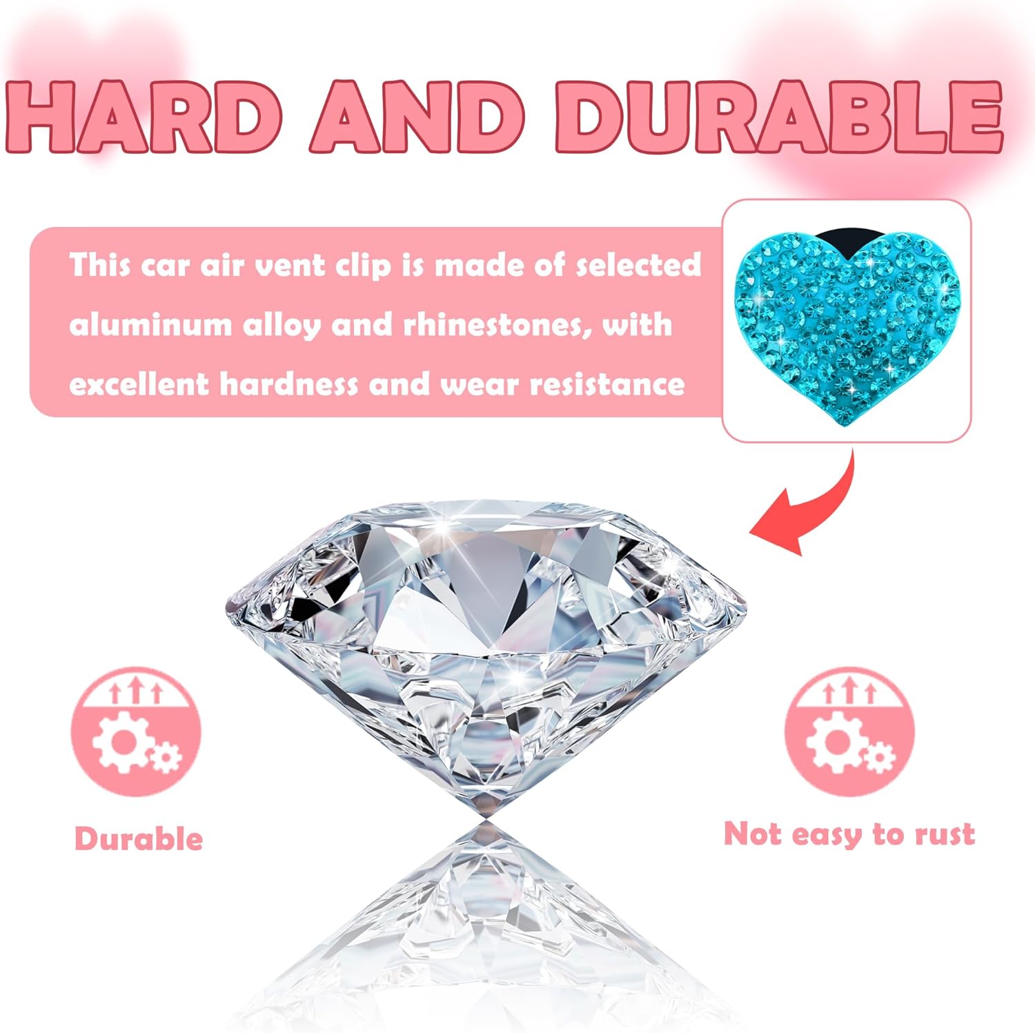4PCS Heart-Shaped Car Vent Clips with Rhinestone,Bling Air Vent Clips Car Decorations,Premium Shiny Car Clips for Vents Accessories Interior (Lake Blue) - Image 3