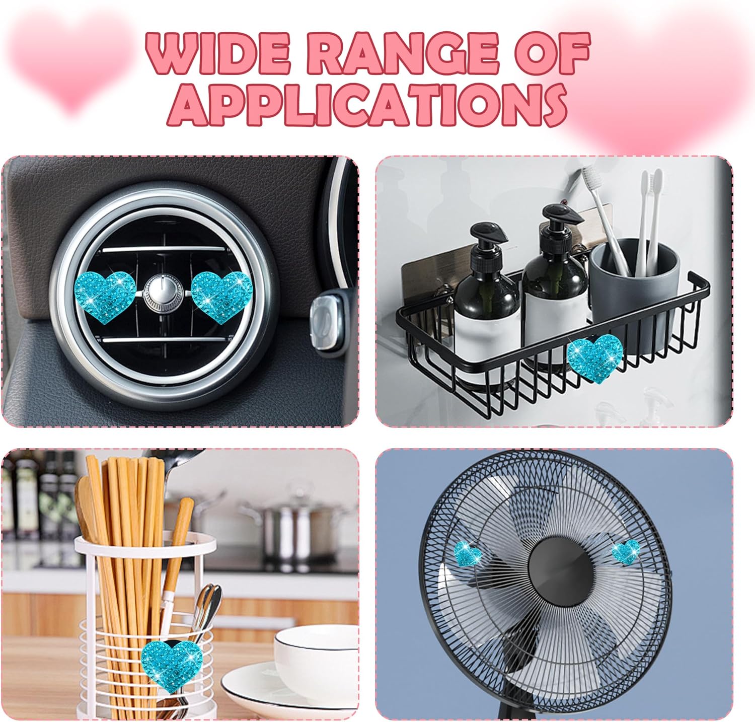 4PCS Heart-Shaped Car Vent Clips with Rhinestone,Bling Air Vent Clips Car Decorations,Premium Shiny Car Clips for Vents Accessories Interior (Lake Blue) - Image 5