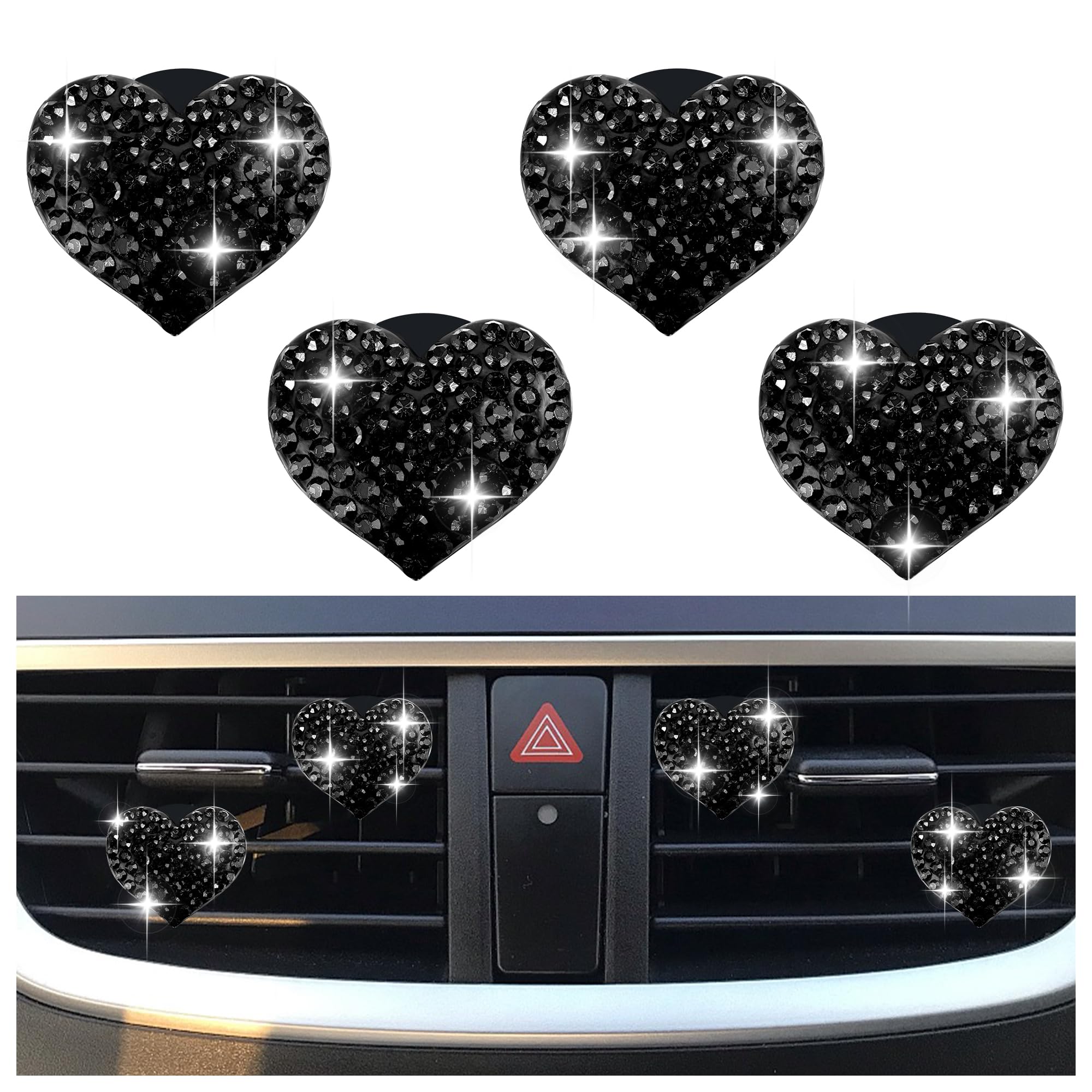 4PCS Heart-Shaped Car Vent Clips with Rhinestone,Bling Air Vent Clips Car Decorations,Premium Shiny Car Clips for Vents Accessories Interior (Black) - Image 1