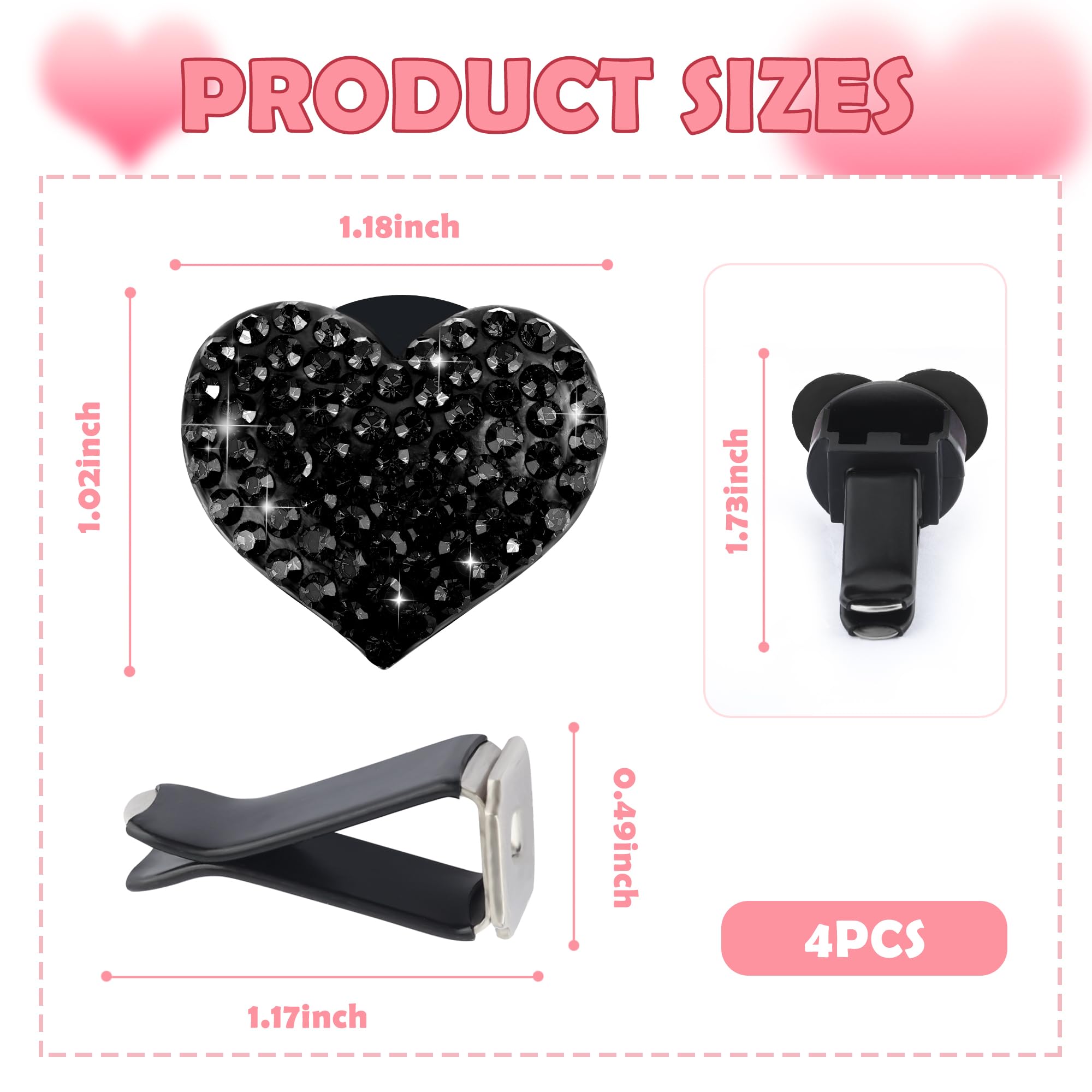 4PCS Heart-Shaped Car Vent Clips with Rhinestone,Bling Air Vent Clips Car Decorations,Premium Shiny Car Clips for Vents Accessories Interior (Black) - Image 2