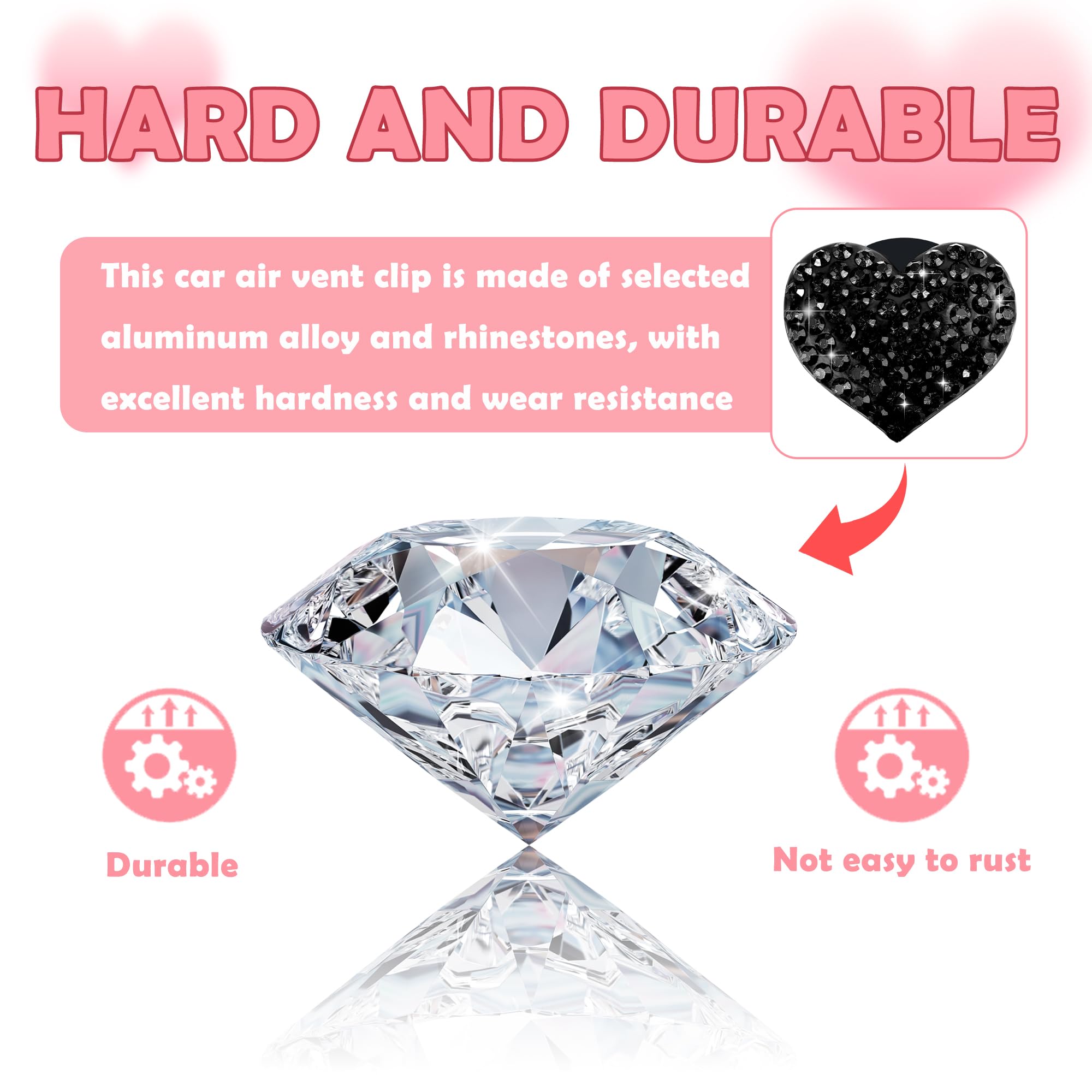 4PCS Heart-Shaped Car Vent Clips with Rhinestone,Bling Air Vent Clips Car Decorations,Premium Shiny Car Clips for Vents Accessories Interior (Black) - Image 3