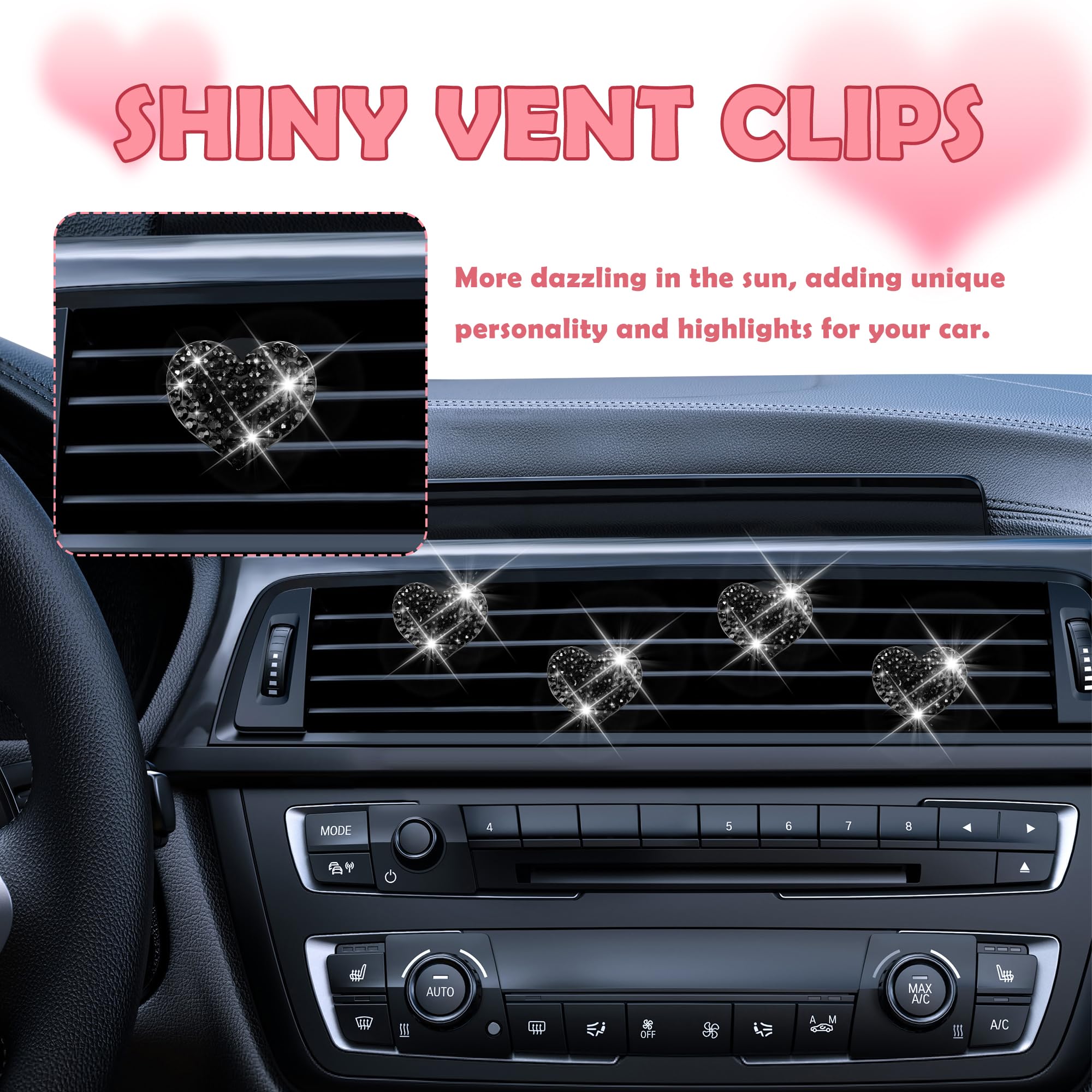 4PCS Heart-Shaped Car Vent Clips with Rhinestone,Bling Air Vent Clips Car Decorations,Premium Shiny Car Clips for Vents Accessories Interior (Black) - Image 4