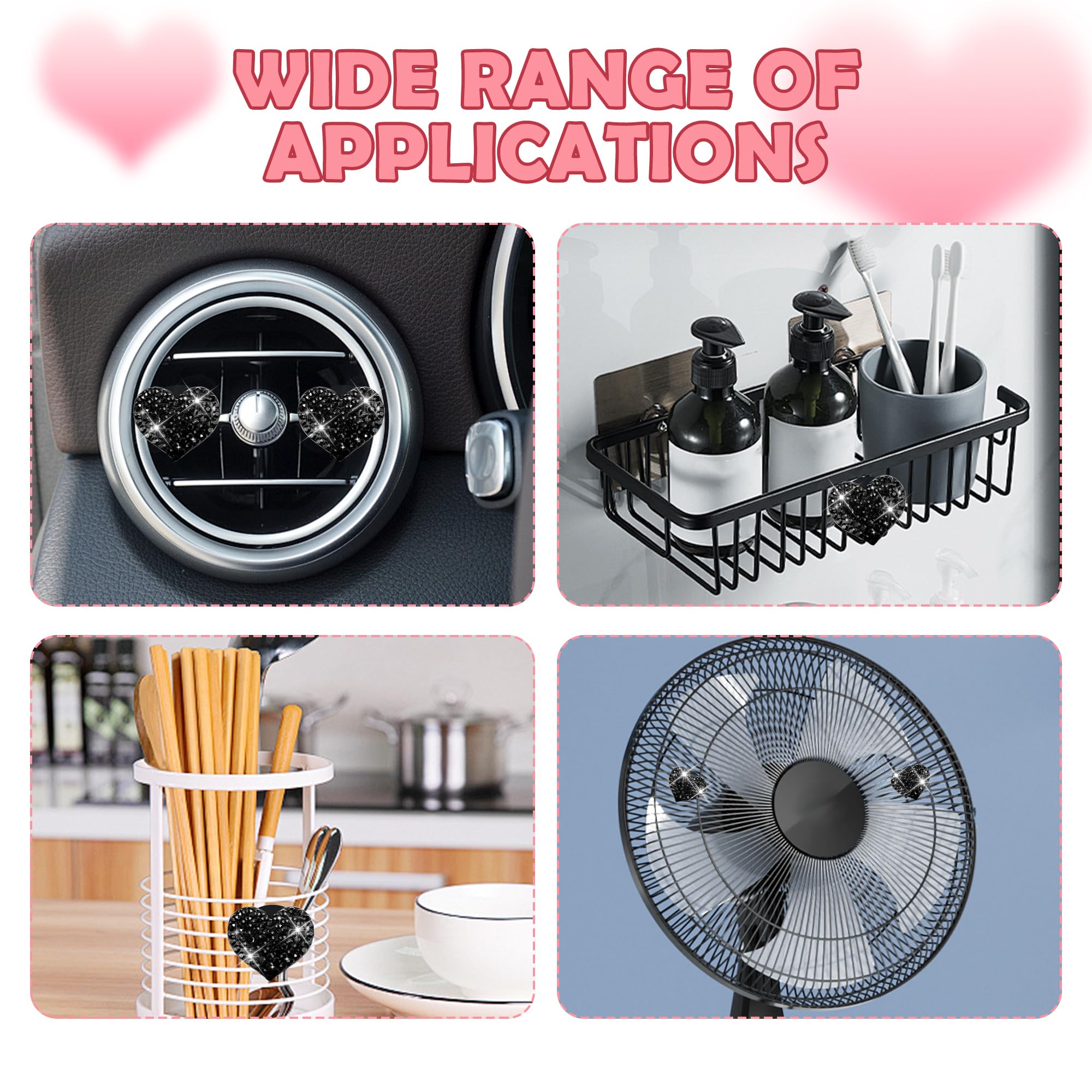 4PCS Heart-Shaped Car Vent Clips with Rhinestone,Bling Air Vent Clips Car Decorations,Premium Shiny Car Clips for Vents Accessories Interior (Black) - Image 5