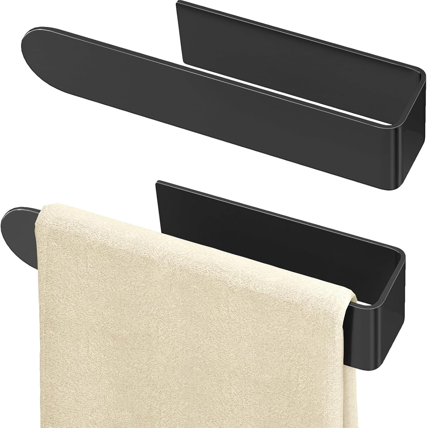 Hand Towel Holder, Self Adhesive Towel Racks for Bathroom Wall Mounted, 8 Inch Square Hand Towel Bar Stick on Wall for Kitchen Cabinet RV, Black (2 Pack) - Image 1
