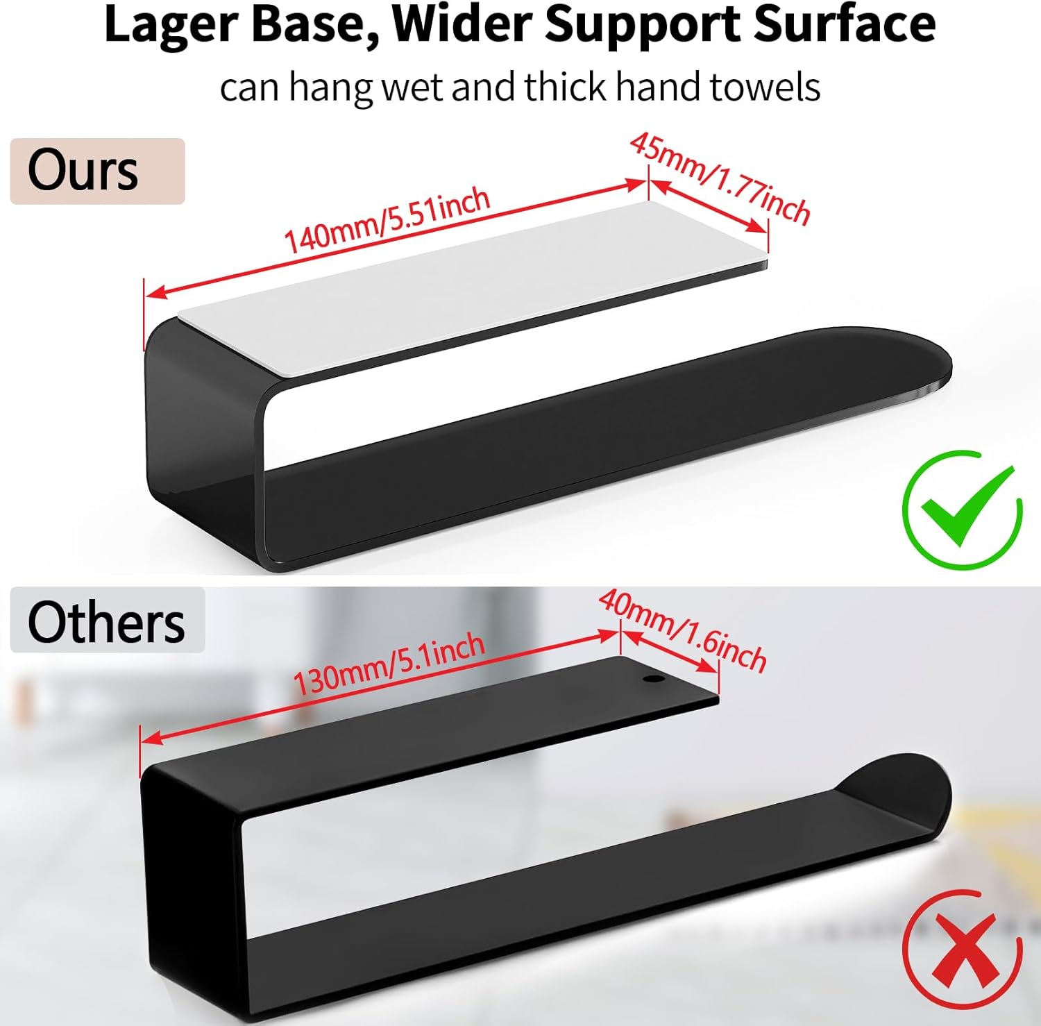 Hand Towel Holder, Self Adhesive Towel Racks for Bathroom Wall Mounted, 8 Inch Square Hand Towel Bar Stick on Wall for Kitchen Cabinet RV, Black (2 Pack) - Image 2