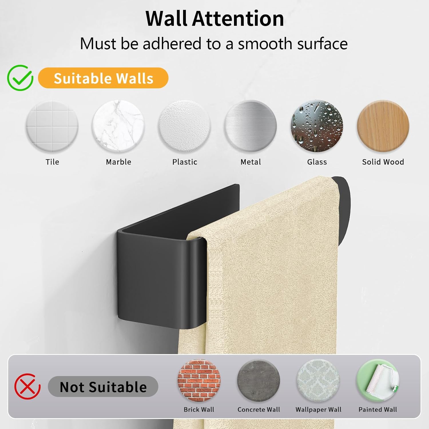 Hand Towel Holder, Self Adhesive Towel Racks for Bathroom Wall Mounted, 8 Inch Square Hand Towel Bar Stick on Wall for Kitchen Cabinet RV, Black (2 Pack) - Image 4