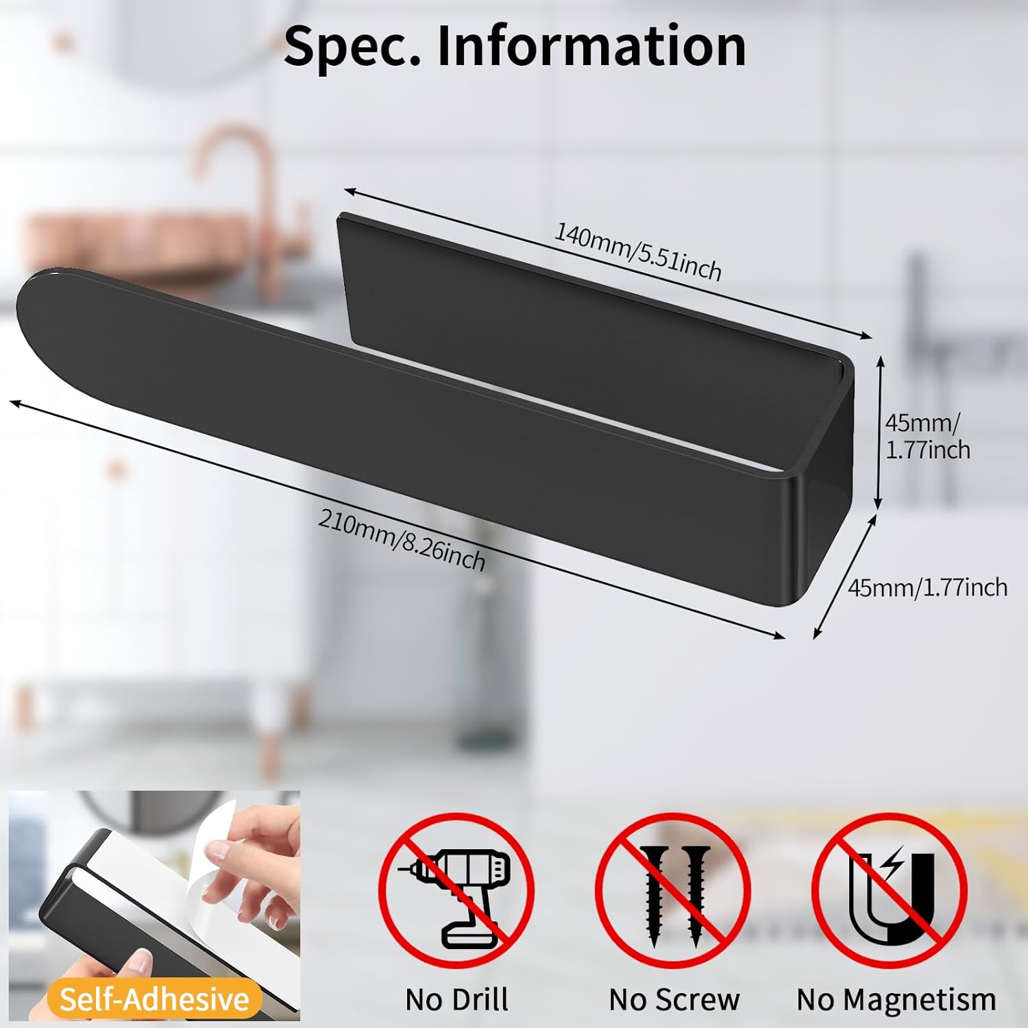 Hand Towel Holder, Self Adhesive Towel Racks for Bathroom Wall Mounted, 8 Inch Square Hand Towel Bar Stick on Wall for Kitchen Cabinet RV, Black (2 Pack) - Image 7