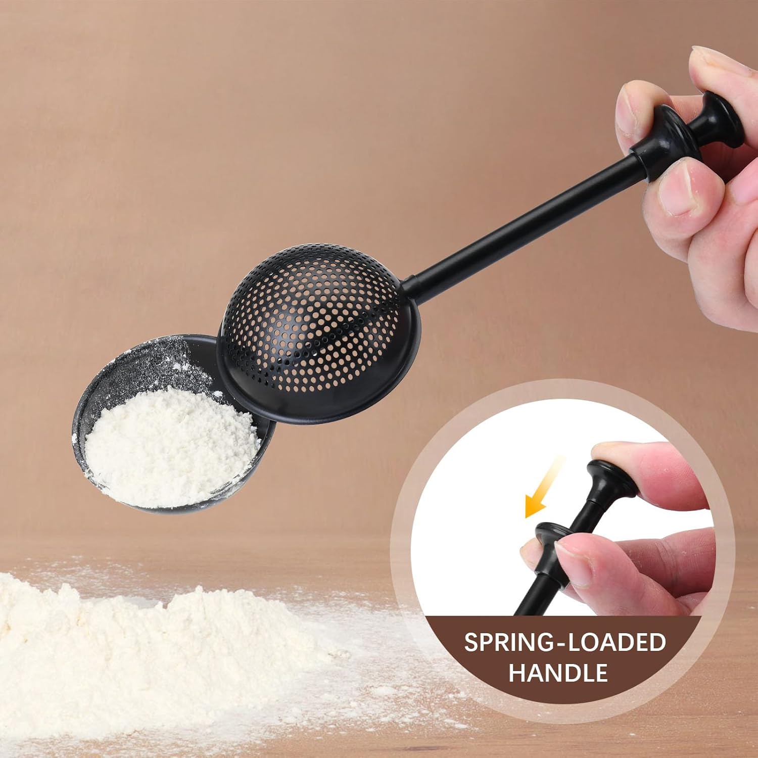 Flour Duster, One-Hand Operation, 304 Stainless Steel Powder Sugar Bowl Dusting Duster, Dusting Flour Sieve，Black - Image 3