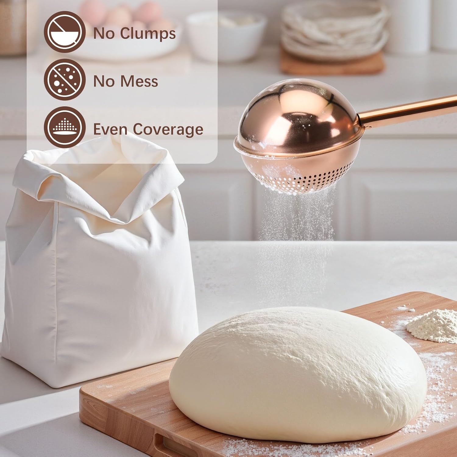 Flour Duster, One-Hand Operation, 304 Stainless Steel Powder Sugar Bowl Dusting Duster, Dusting Flour Sieve,Brown - Image 2
