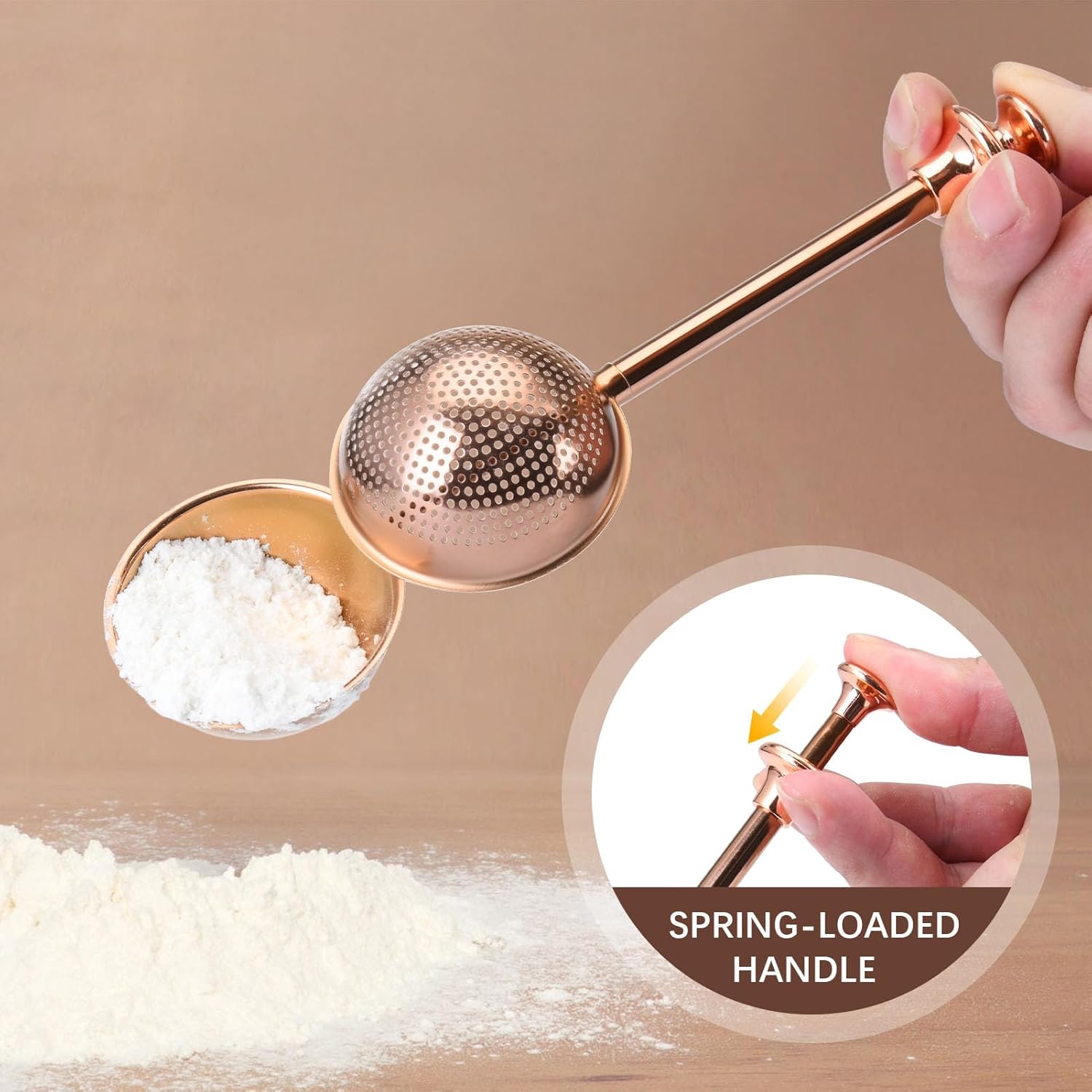 Flour Duster, One-Hand Operation, 304 Stainless Steel Powder Sugar Bowl Dusting Duster, Dusting Flour Sieve,Brown - Image 3