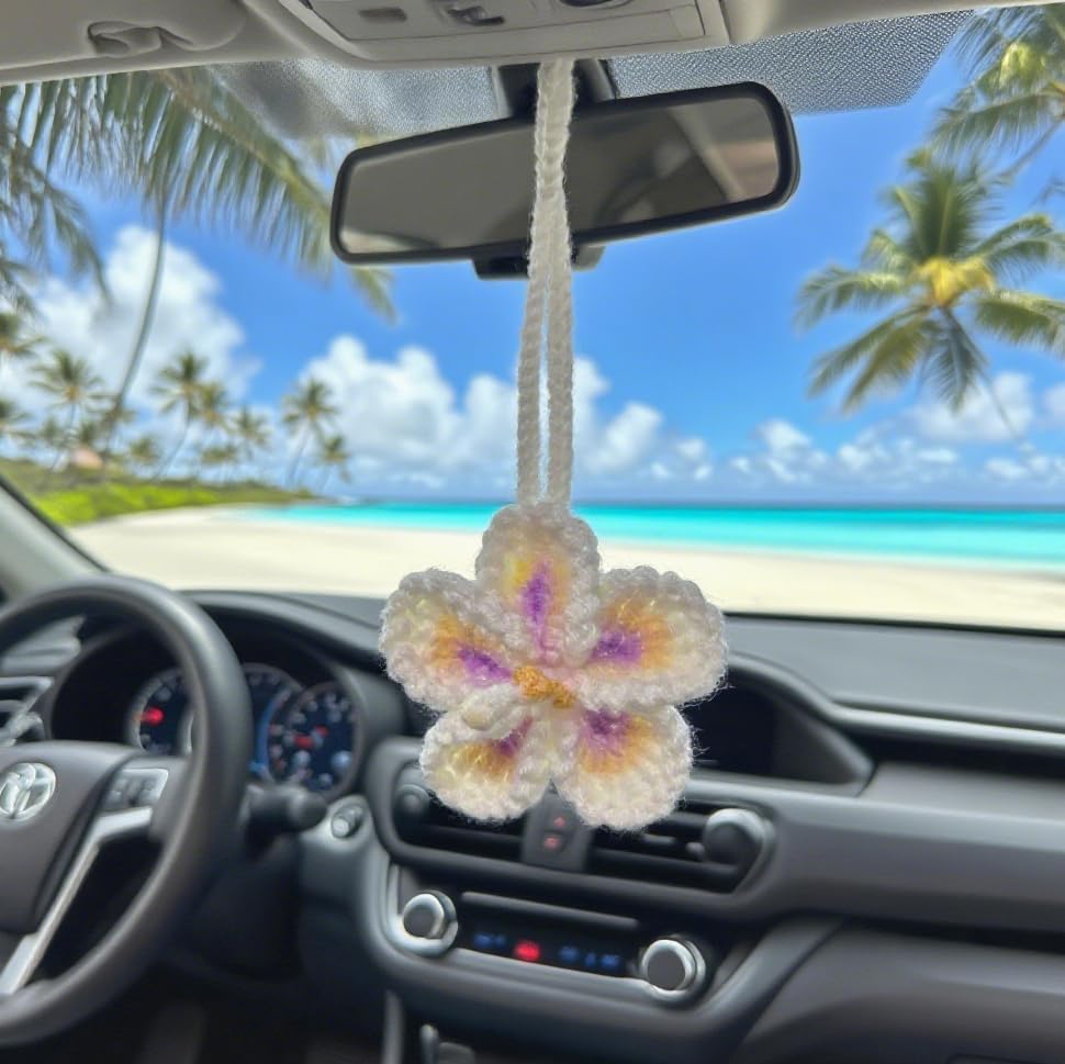 Hibiscus Car Ornaments, Crochet Hawaiian Tropical Flower Bag Charms Decoration Car Mirror Beach Accessories (White) - Image 1