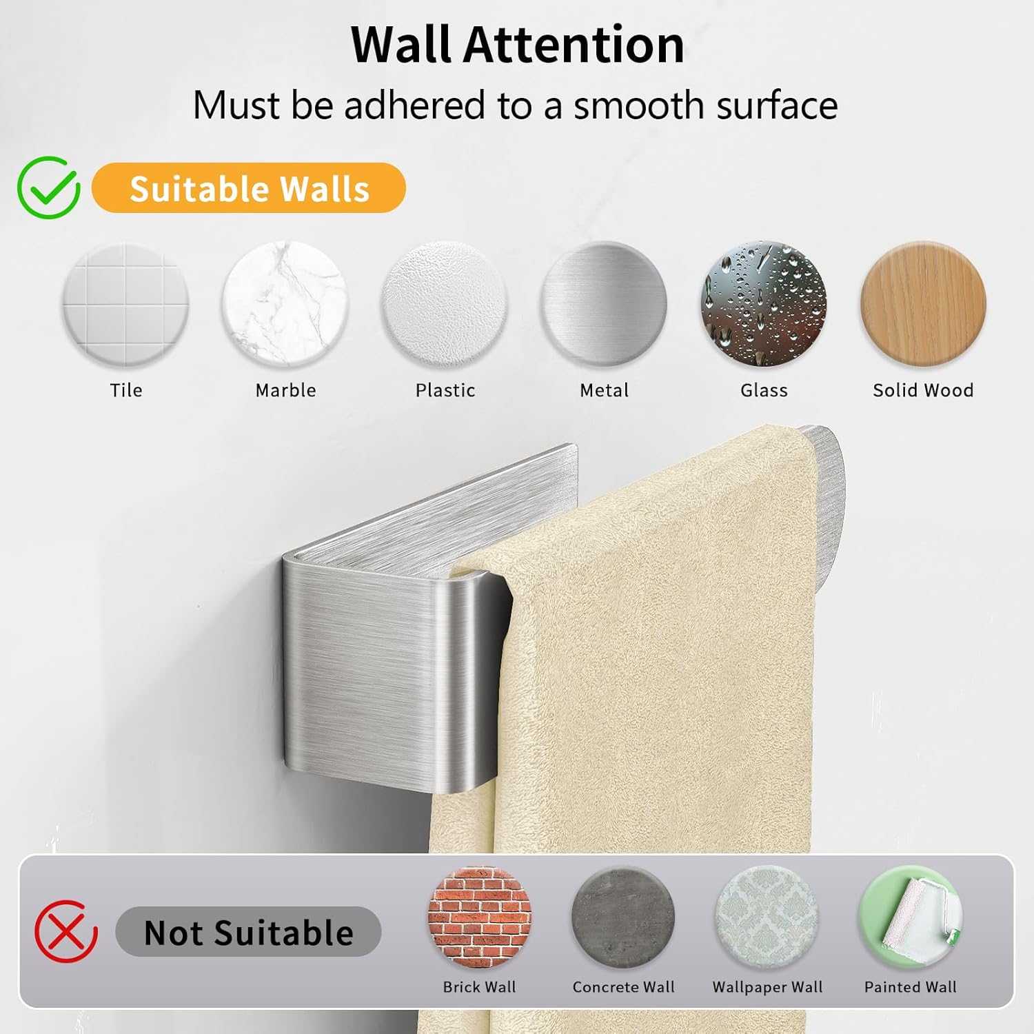 Adhesive Hand Towel Holder, 8 Inch Towel Holder for Bathroom Wall Mounted, Self Adhesive Square Stick on Towel Bar Wall for Kitchen Cabinet RV, (2 Pack) - Image 4