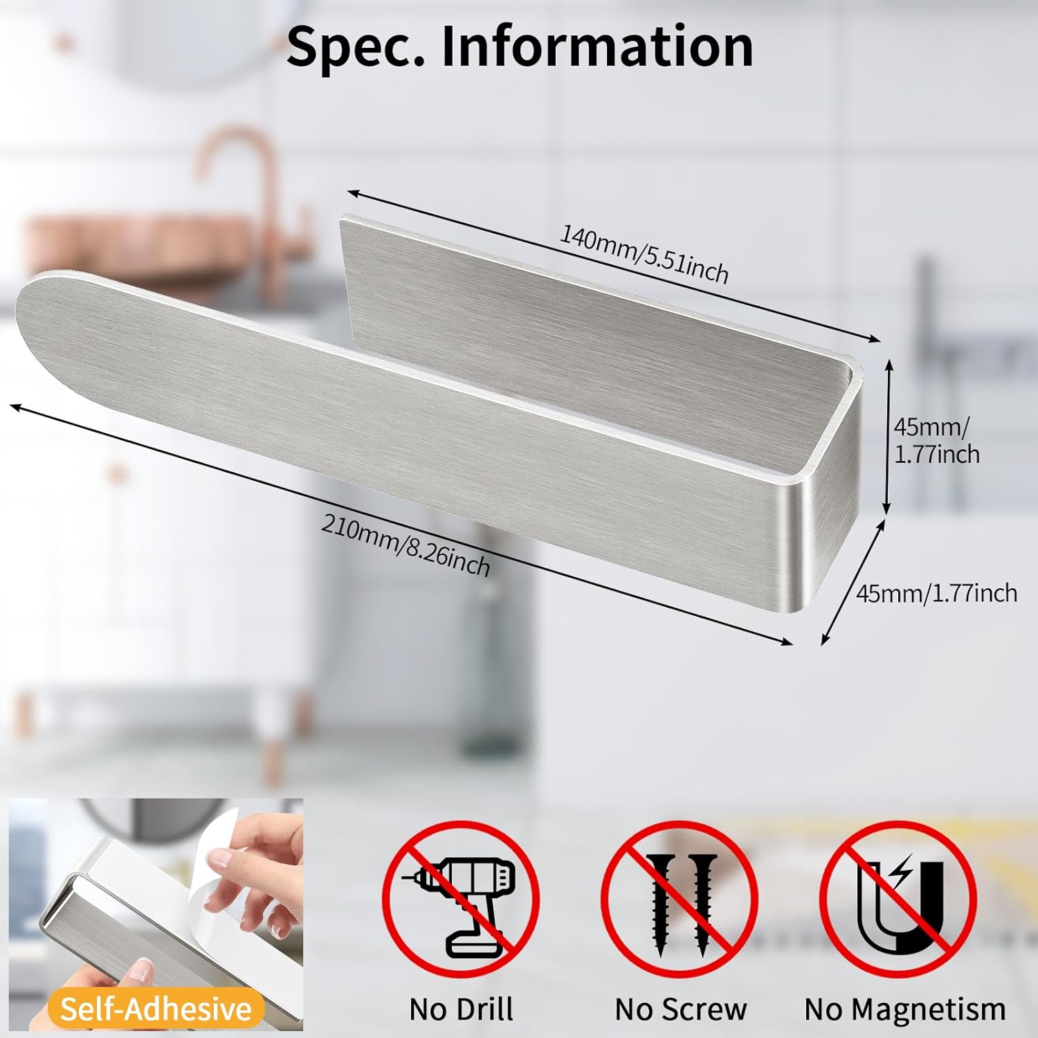 Adhesive Hand Towel Holder, 8 Inch Towel Holder for Bathroom Wall Mounted, Self Adhesive Square Stick on Towel Bar Wall for Kitchen Cabinet RV, (2 Pack) - Image 7