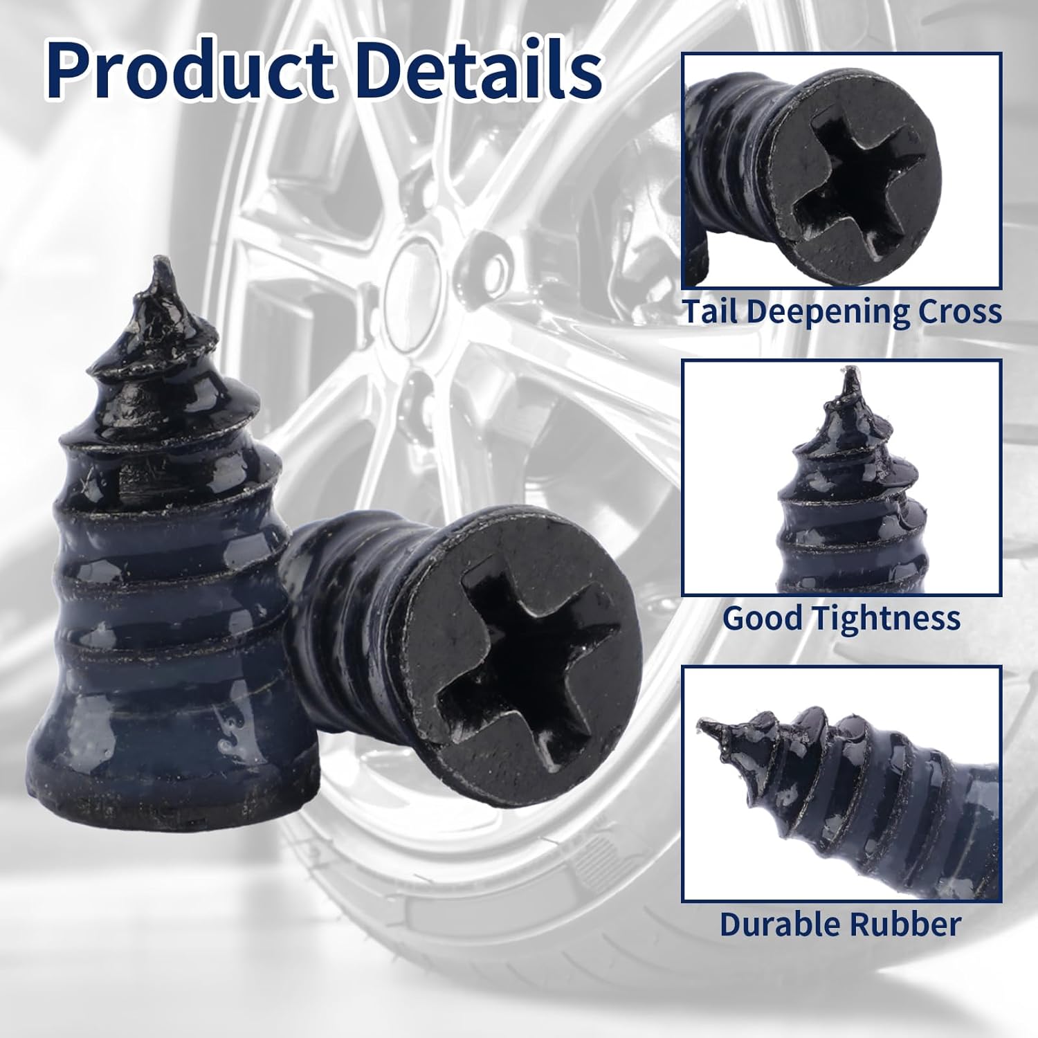 Screw On Tire Plug, 70 Tire Repair Screws, Tire Repair Rubber Nail Kit, Tire Screw Plug Repair Kit, Spin Tire Repair Plug for Car, Motorcycle, Truck, Tractor Tire Puncture Repair - Image 2
