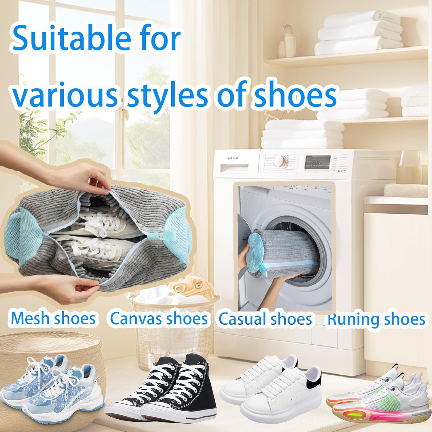 Shoe Washer Bag Laundry Shoe Bag for Washer & Dryer, Reusable 2 Pack Sneaker Cleaning Bag, 360° Deep Cleaning Machine for All Shoe Types with Self-Locking Zipper（Grey） - Image 3