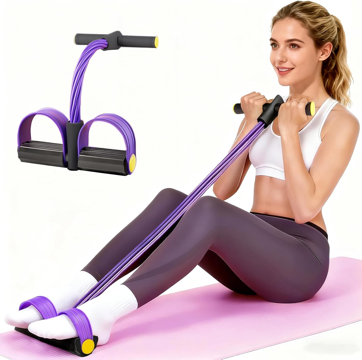 Pedal Resistance Bands with Handles, Upgrade 6-Tubes Manual Tension Training Pedal, Natural Rubber Foot Pedal Resistance Bands, Multifunction Fitness Bands for Abdomen, Waist, Arm, Leg（Purple） - Image 1