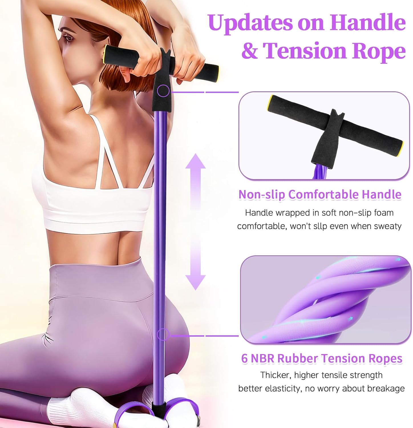 Pedal Resistance Bands with Handles, Upgrade 6-Tubes Manual Tension Training Pedal, Natural Rubber Foot Pedal Resistance Bands, Multifunction Fitness Bands for Abdomen, Waist, Arm, Leg（Purple） - Image 3