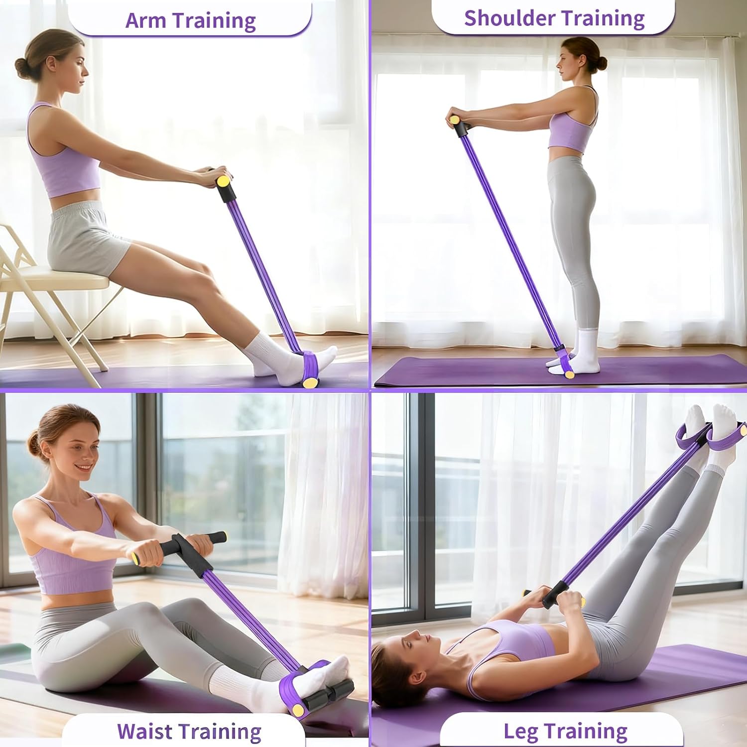 Pedal Resistance Bands with Handles, Upgrade 6-Tubes Manual Tension Training Pedal, Natural Rubber Foot Pedal Resistance Bands, Multifunction Fitness Bands for Abdomen, Waist, Arm, Leg（Purple） - Image 5