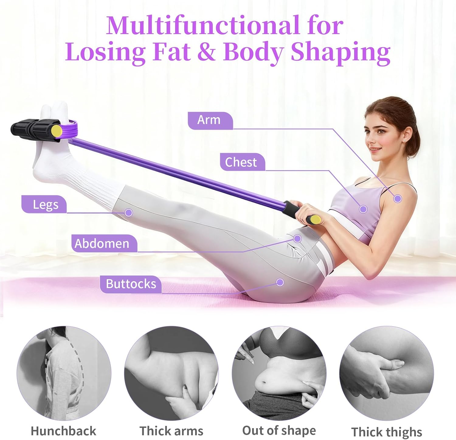 Pedal Resistance Bands with Handles, Upgrade 6-Tubes Manual Tension Training Pedal, Natural Rubber Foot Pedal Resistance Bands, Multifunction Fitness Bands for Abdomen, Waist, Arm, Leg（Purple） - Image 6