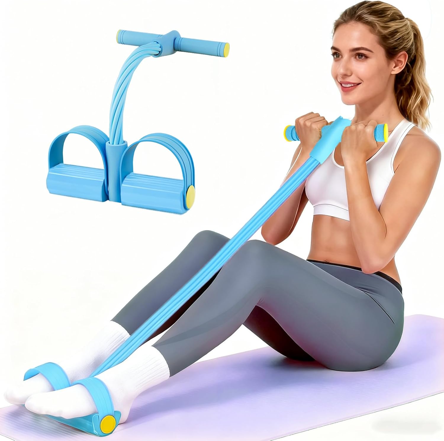 Pedal Resistance Bands with Handles, Upgrade 6-Tubes Manual Tension Training Pedal, Natural Rubber Foot Pedal Resistance Bands, Multifunction Fitness Bands for Abdomen, Waist, Arm, Leg（Blue） - Image 1