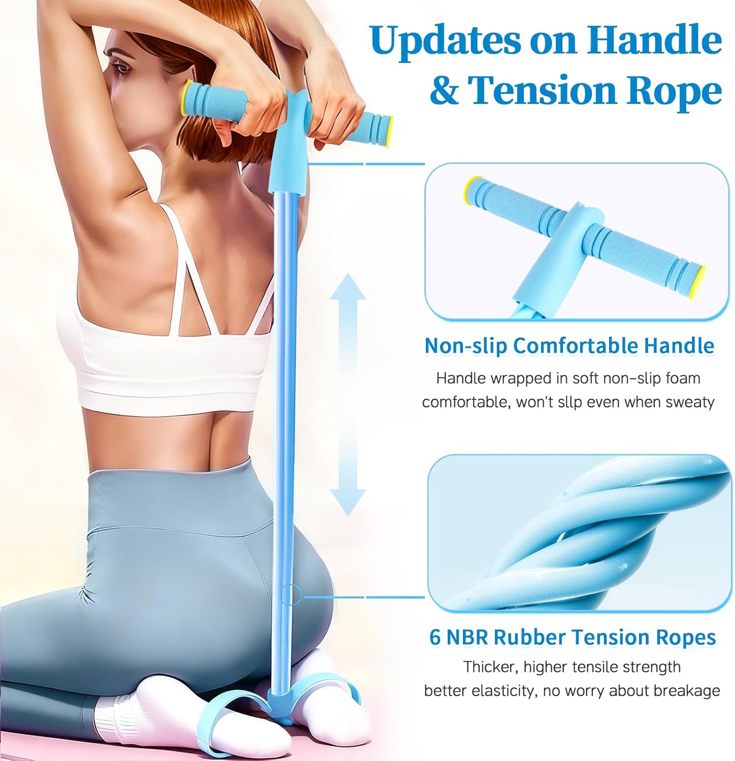 Pedal Resistance Bands with Handles, Upgrade 6-Tubes Manual Tension Training Pedal, Natural Rubber Foot Pedal Resistance Bands, Multifunction Fitness Bands for Abdomen, Waist, Arm, Leg（Blue） - Image 3