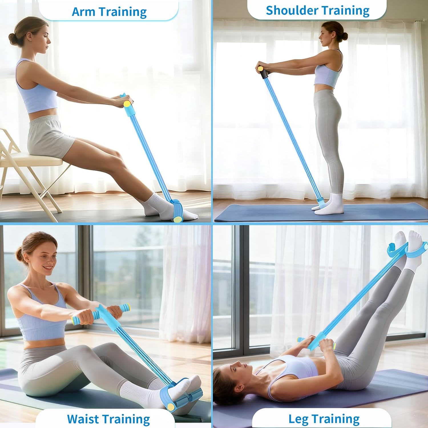 Pedal Resistance Bands with Handles, Upgrade 6-Tubes Manual Tension Training Pedal, Natural Rubber Foot Pedal Resistance Bands, Multifunction Fitness Bands for Abdomen, Waist, Arm, Leg（Blue） - Image 5