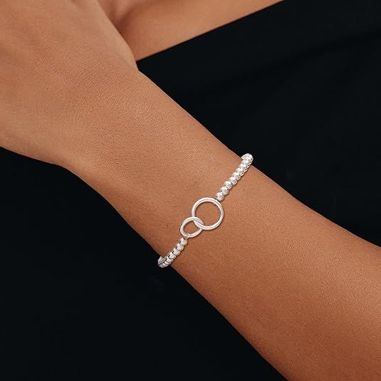 Women’s Silver Bracelet, Silver Elastic Beaded Bracelet, Handmade Ball Accent Bracelet, Elegant Silver Jewelry Gift. - Image 2