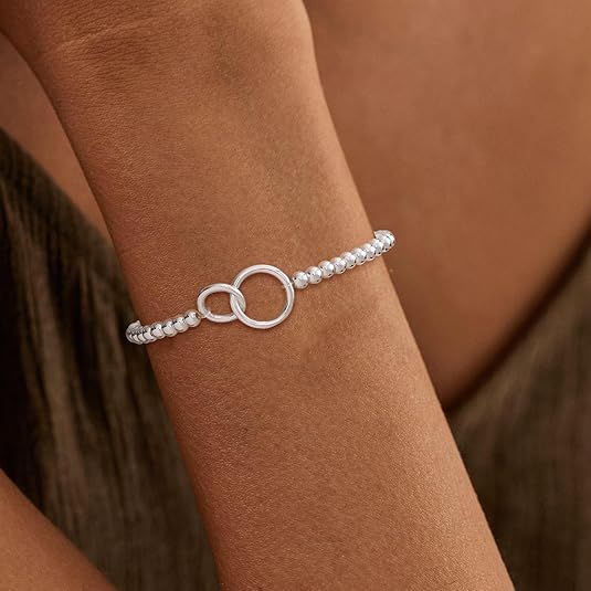 Women’s Silver Bracelet, Silver Elastic Beaded Bracelet, Handmade Ball Accent Bracelet, Elegant Silver Jewelry Gift. - Image 4