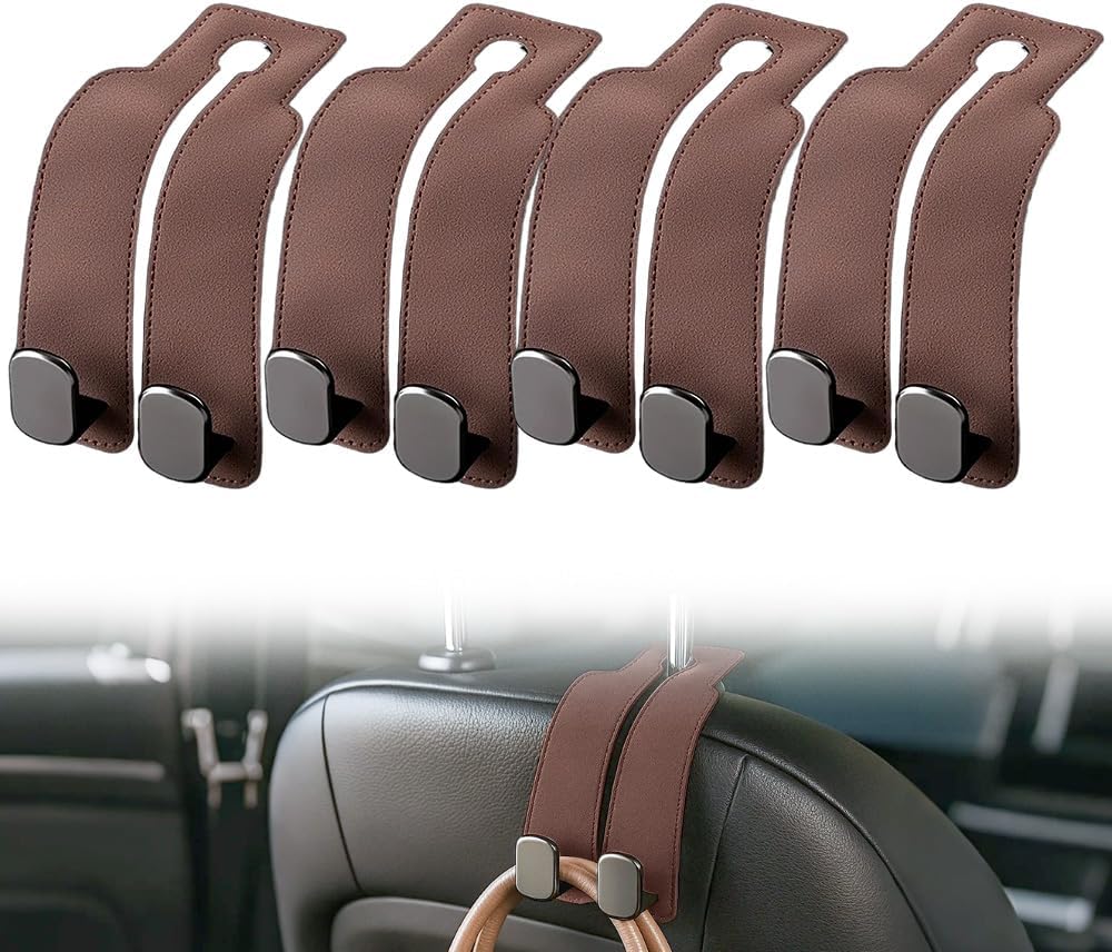 Headrest Hook for Car Seat Headrest, 2026 Wallet & Bag Hook Cute Car Wallet Holder, Double Hook Leather Car Headrest Hook Seat Back Storage Bag for Travel (Brown*4) - Image 1