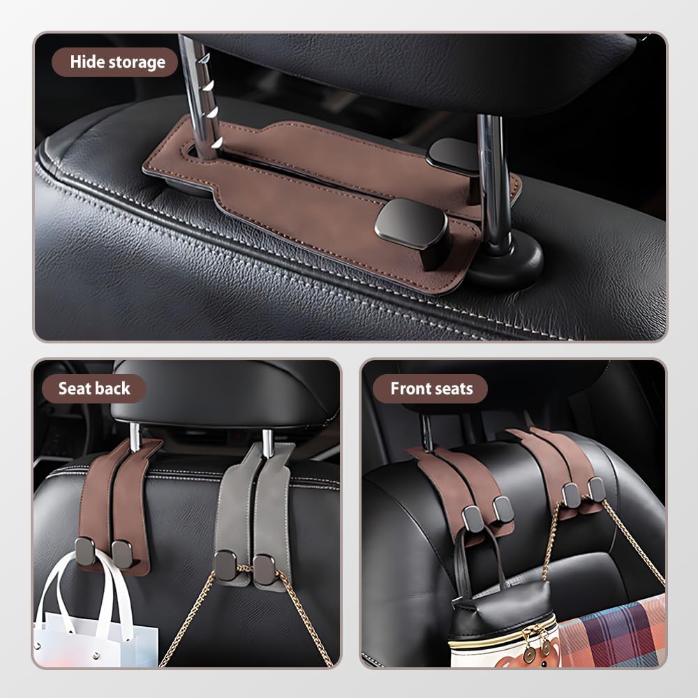 Headrest Hook for Car Seat Headrest, 2026 Wallet & Bag Hook Cute Car Wallet Holder, Double Hook Leather Car Headrest Hook Seat Back Storage Bag for Travel (Brown*4) - Image 3