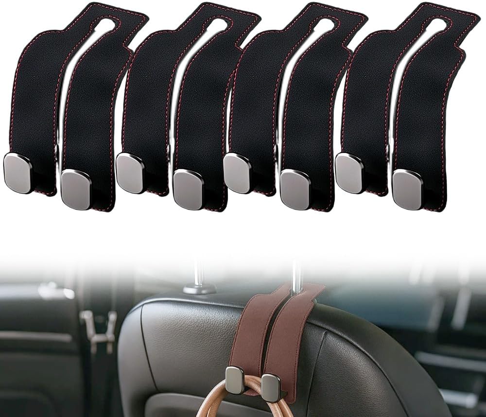 Headrest Hook for Car Seat Headrest, 2026 Wallet & Bag Hook Cute Car Wallet Holder, Double Hook Leather Car Headrest Hook Seat Back Storage Bag for Travel (Black*4) - Image 1