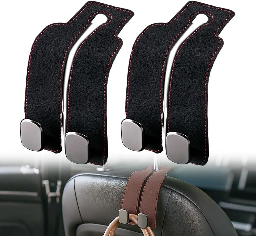 Headrest Hook for Car Seat Headrest, 2026 Wallet & Bag Hook Cute Car Wallet Holder, Double Hook Leather Car Headrest Hook Seat Back Storage Bag for Travel (Black*2) - Image 1