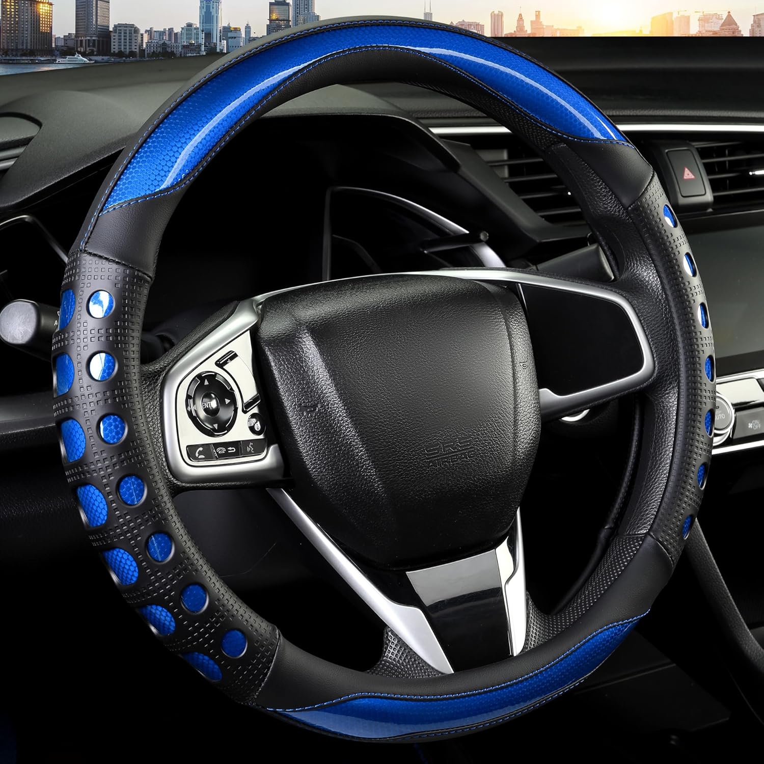 PU Leather Car Steering Wheel Cover with Non-Slip Grip, Suitable for Both Men and Women, Universal Fits 14.5-15 Inch Cars, Trucks, SUVs (Blue (Round), Medium (Standard) Size [14 1/2-15 Inches]) - Image 1