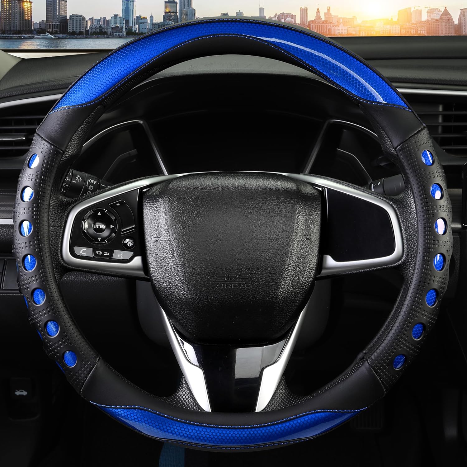 PU Leather Car Steering Wheel Cover with Non-Slip Grip, Suitable for Both Men and Women, Universal Fits 14.5-15 Inch Cars, Trucks, SUVs (Blue (Round), Medium (Standard) Size [14 1/2-15 Inches]) - Image 2