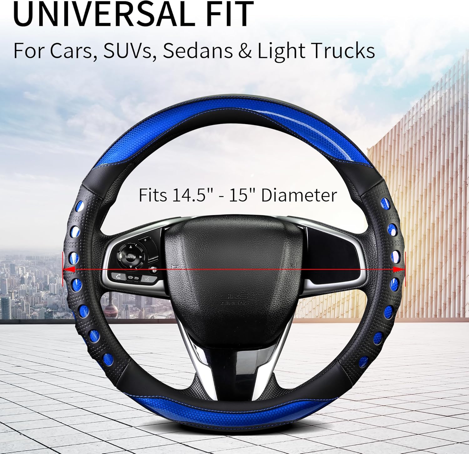 PU Leather Car Steering Wheel Cover with Non-Slip Grip, Suitable for Both Men and Women, Universal Fits 14.5-15 Inch Cars, Trucks, SUVs (Blue (Round), Medium (Standard) Size [14 1/2-15 Inches]) - Image 3