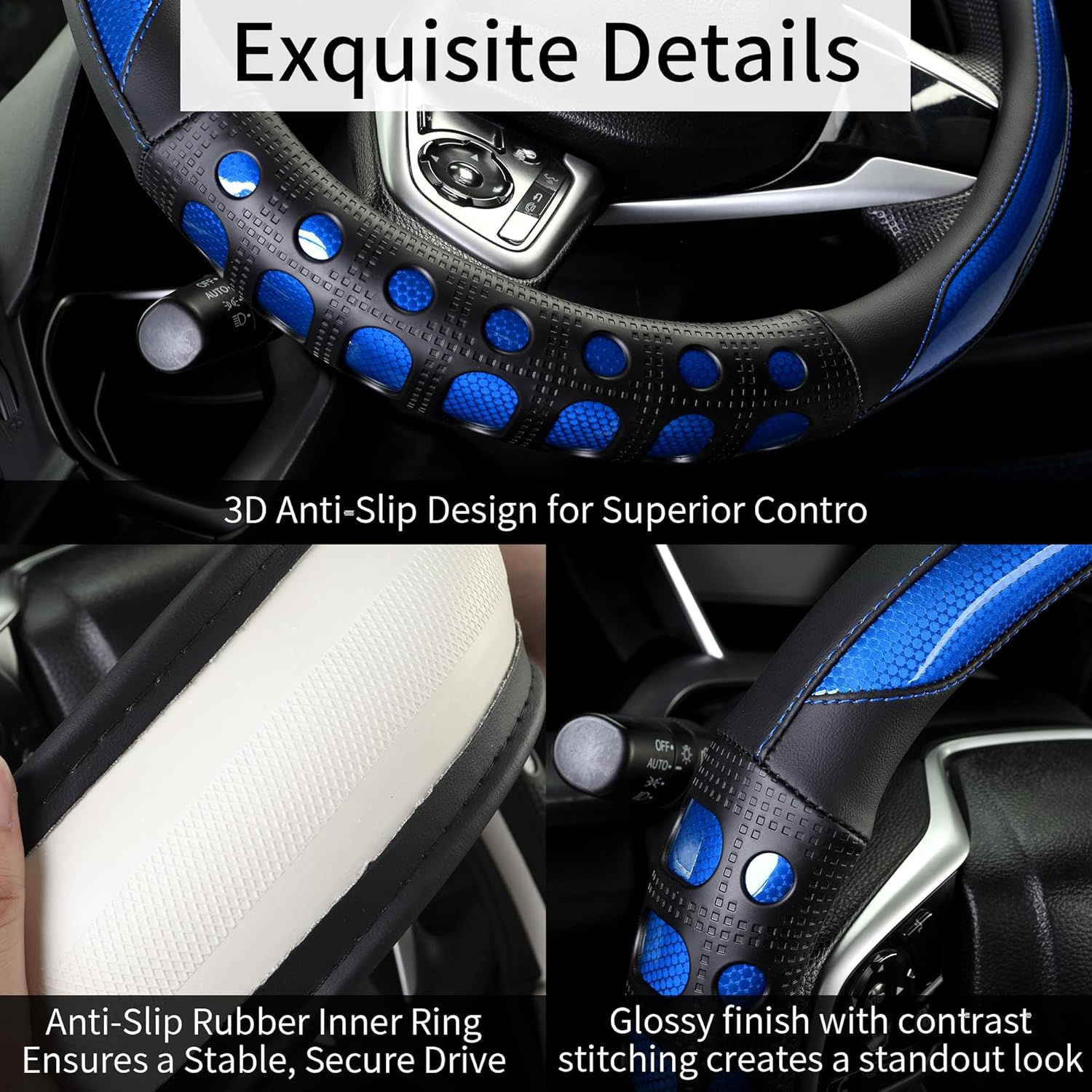 PU Leather Car Steering Wheel Cover with Non-Slip Grip, Suitable for Both Men and Women, Universal Fits 14.5-15 Inch Cars, Trucks, SUVs (Blue (Round), Medium (Standard) Size [14 1/2-15 Inches]) - Image 4