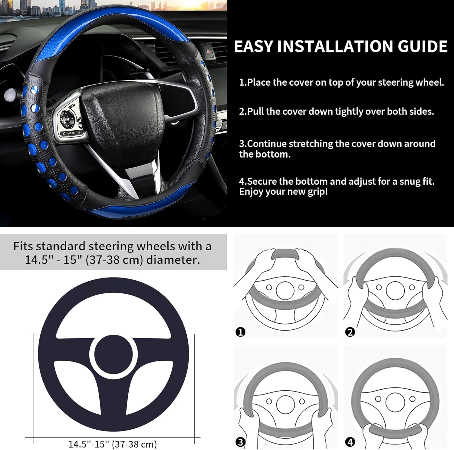 PU Leather Car Steering Wheel Cover with Non-Slip Grip, Suitable for Both Men and Women, Universal Fits 14.5-15 Inch Cars, Trucks, SUVs (Blue (Round), Medium (Standard) Size [14 1/2-15 Inches]) - Image 5