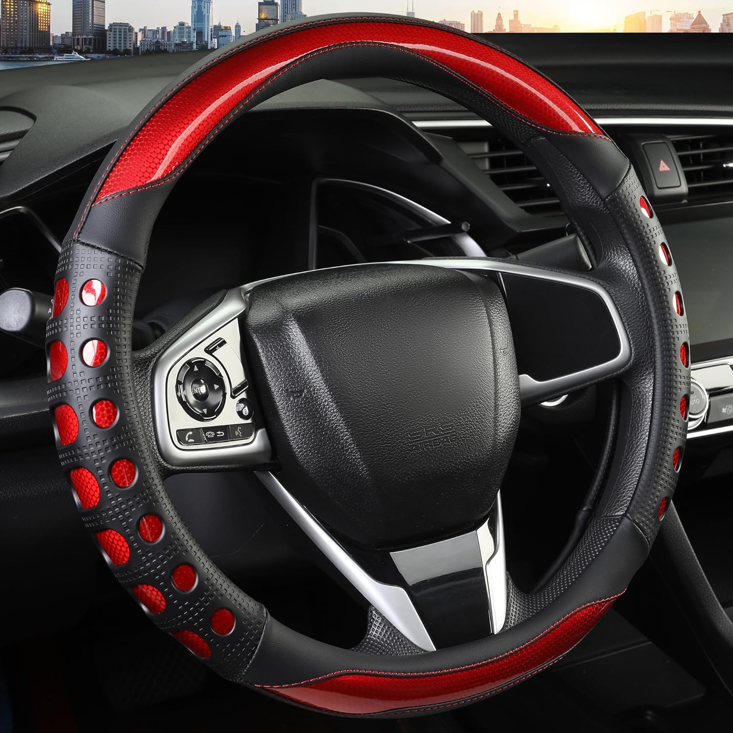 PU Leather Car Steering Wheel Cover with Non-Slip Grip, Suitable for Both Men and Women, Universal Fits 14.5-15 Inch Cars, Trucks, SUVs (Red (Round), Medium (Standard) Size [14 1/2-15 Inches]) - Image 1