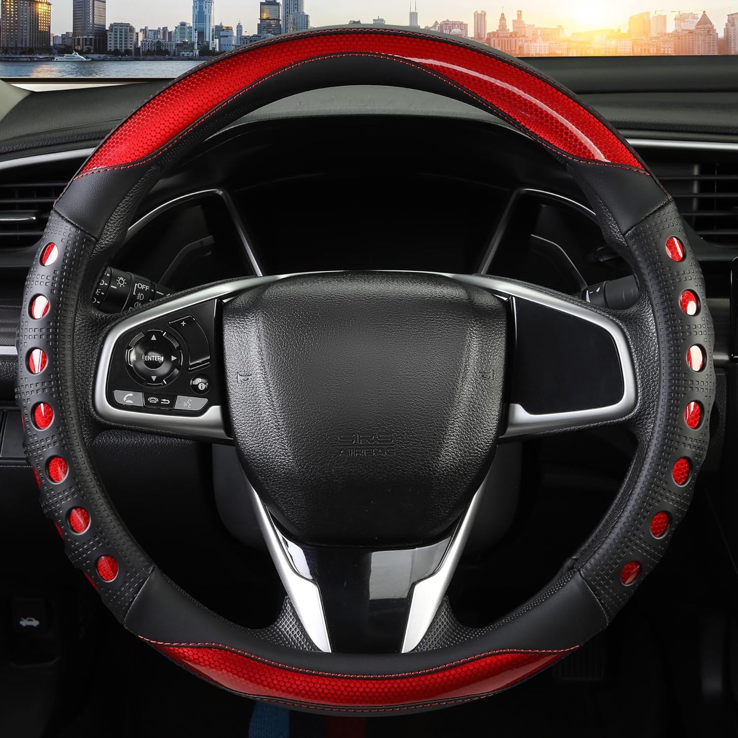 PU Leather Car Steering Wheel Cover with Non-Slip Grip, Suitable for Both Men and Women, Universal Fits 14.5-15 Inch Cars, Trucks, SUVs (Red (Round), Medium (Standard) Size [14 1/2-15 Inches]) - Image 2