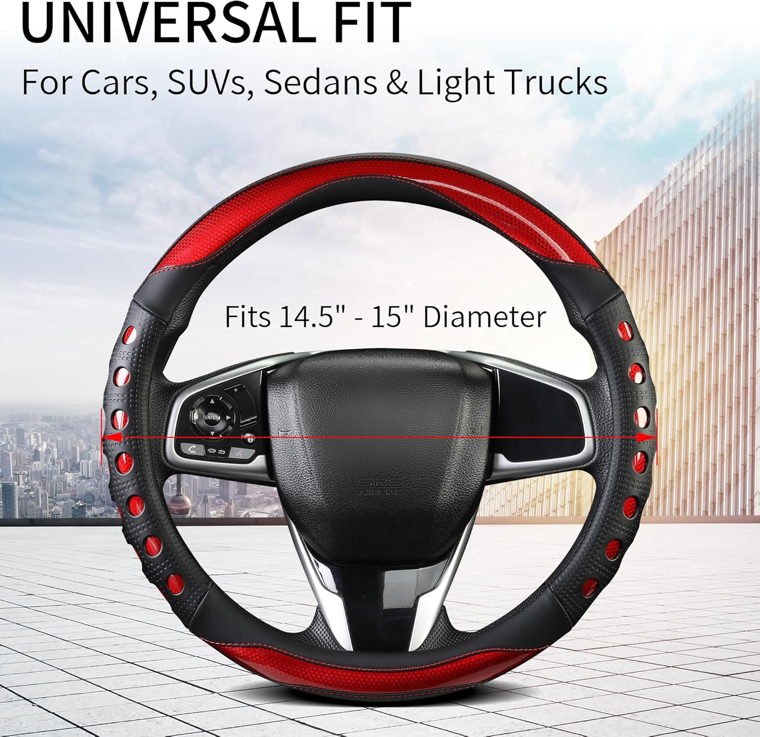 PU Leather Car Steering Wheel Cover with Non-Slip Grip, Suitable for Both Men and Women, Universal Fits 14.5-15 Inch Cars, Trucks, SUVs (Red (Round), Medium (Standard) Size [14 1/2-15 Inches]) - Image 3