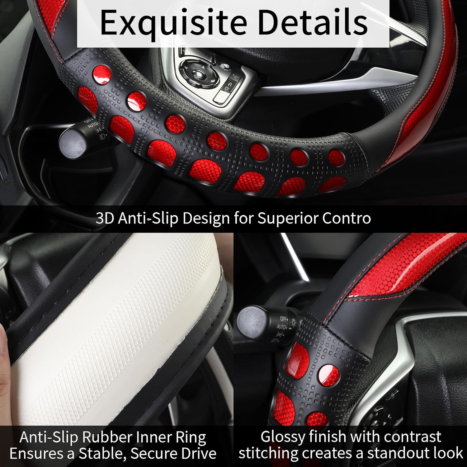 PU Leather Car Steering Wheel Cover with Non-Slip Grip, Suitable for Both Men and Women, Universal Fits 14.5-15 Inch Cars, Trucks, SUVs (Red (Round), Medium (Standard) Size [14 1/2-15 Inches]) - Image 4