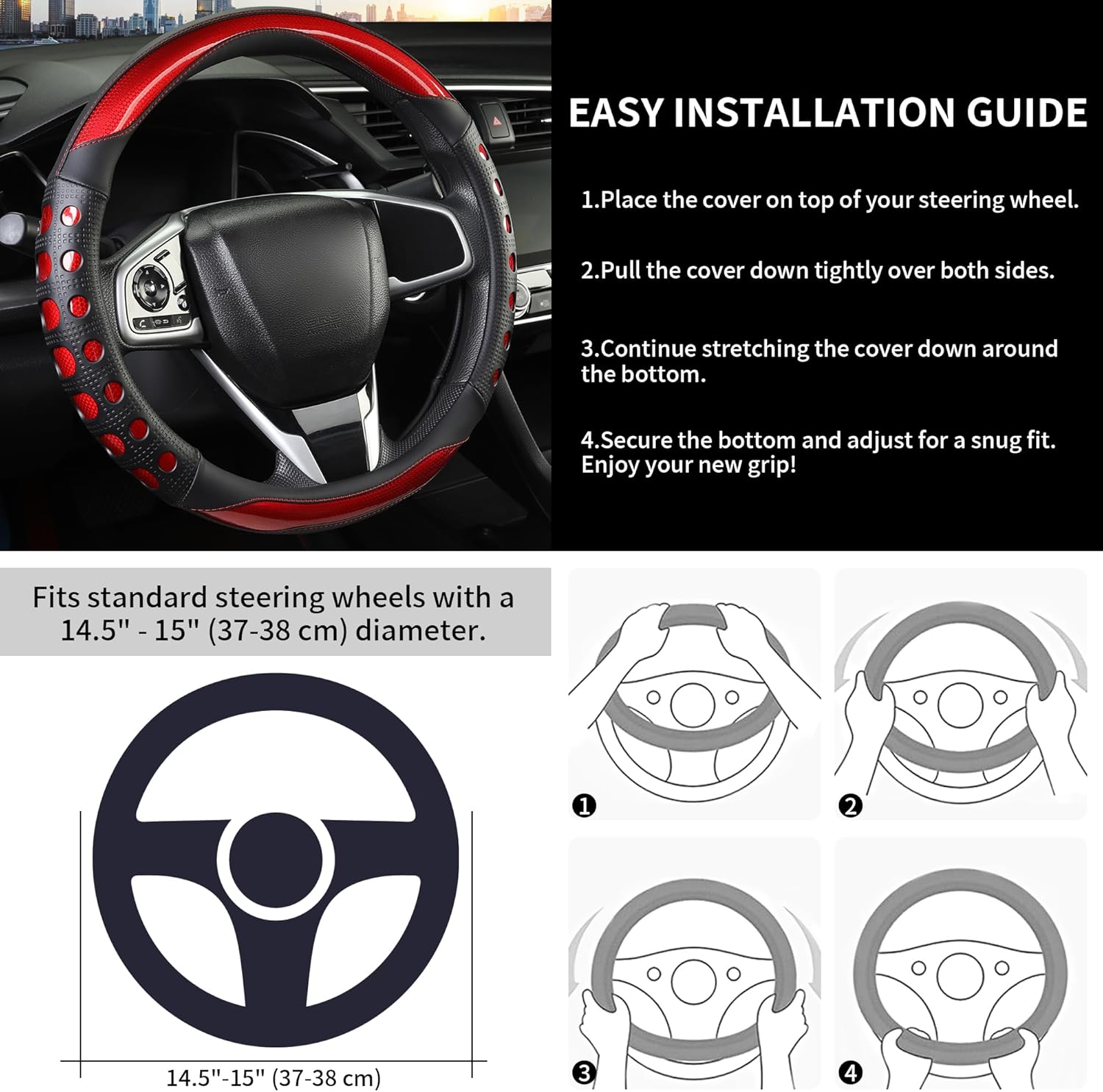 PU Leather Car Steering Wheel Cover with Non-Slip Grip, Suitable for Both Men and Women, Universal Fits 14.5-15 Inch Cars, Trucks, SUVs (Red (Round), Medium (Standard) Size [14 1/2-15 Inches]) - Image 5