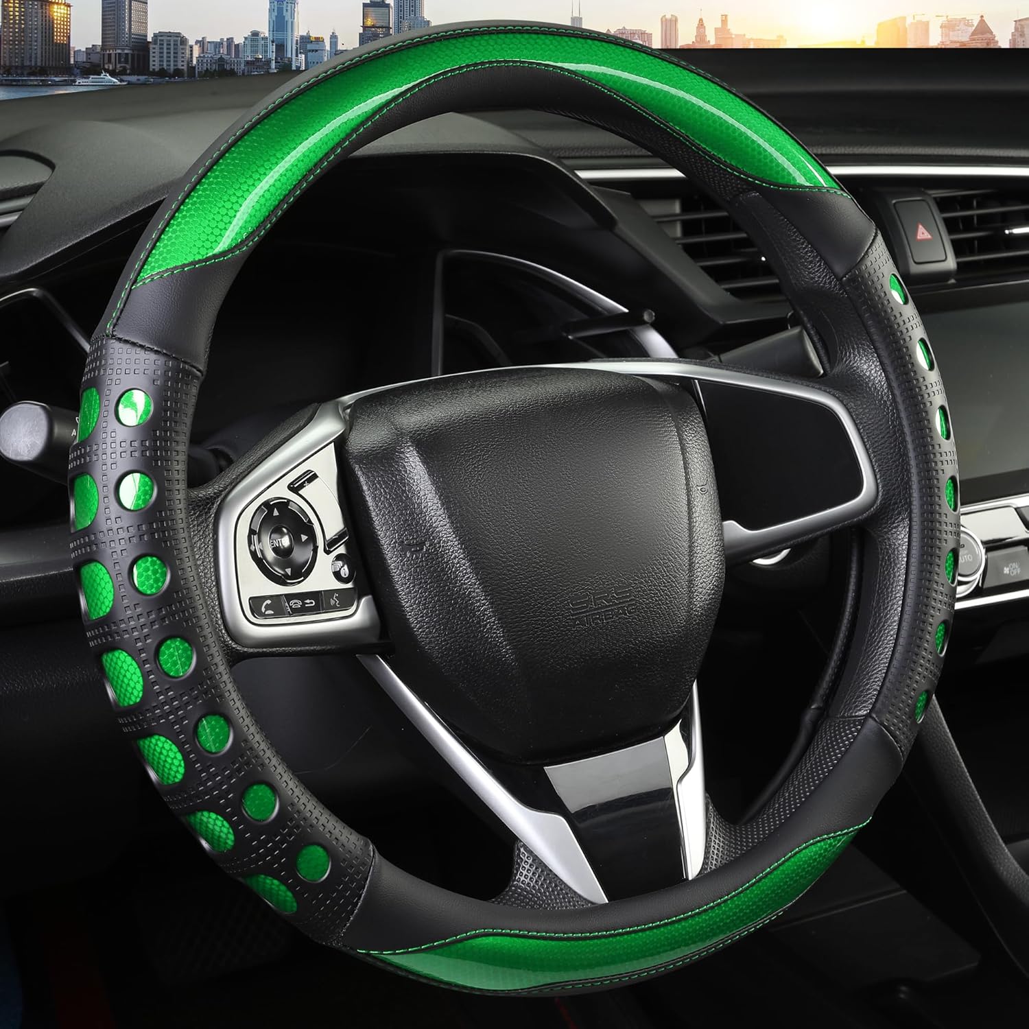 PU Leather Car Steering Wheel Sleeve with Non-Slip Grip, Suitable for Both Men and Women, Universal Fits 14.5-15 Inch Cars, Trucks, SUVs (Green (Round), Medium (Standard) Size [14 1/2-15 Inches]) ) - Image 1