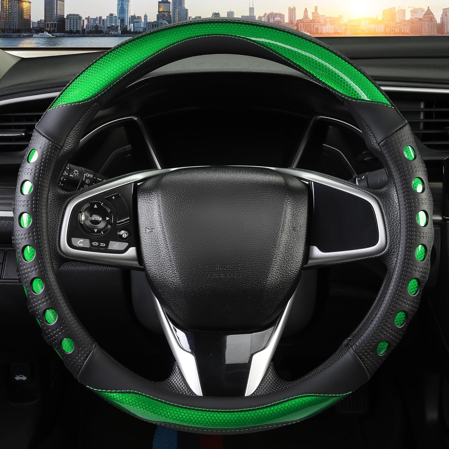 PU Leather Car Steering Wheel Sleeve with Non-Slip Grip, Suitable for Both Men and Women, Universal Fits 14.5-15 Inch Cars, Trucks, SUVs (Green (Round), Medium (Standard) Size [14 1/2-15 Inches]) ) - Image 2