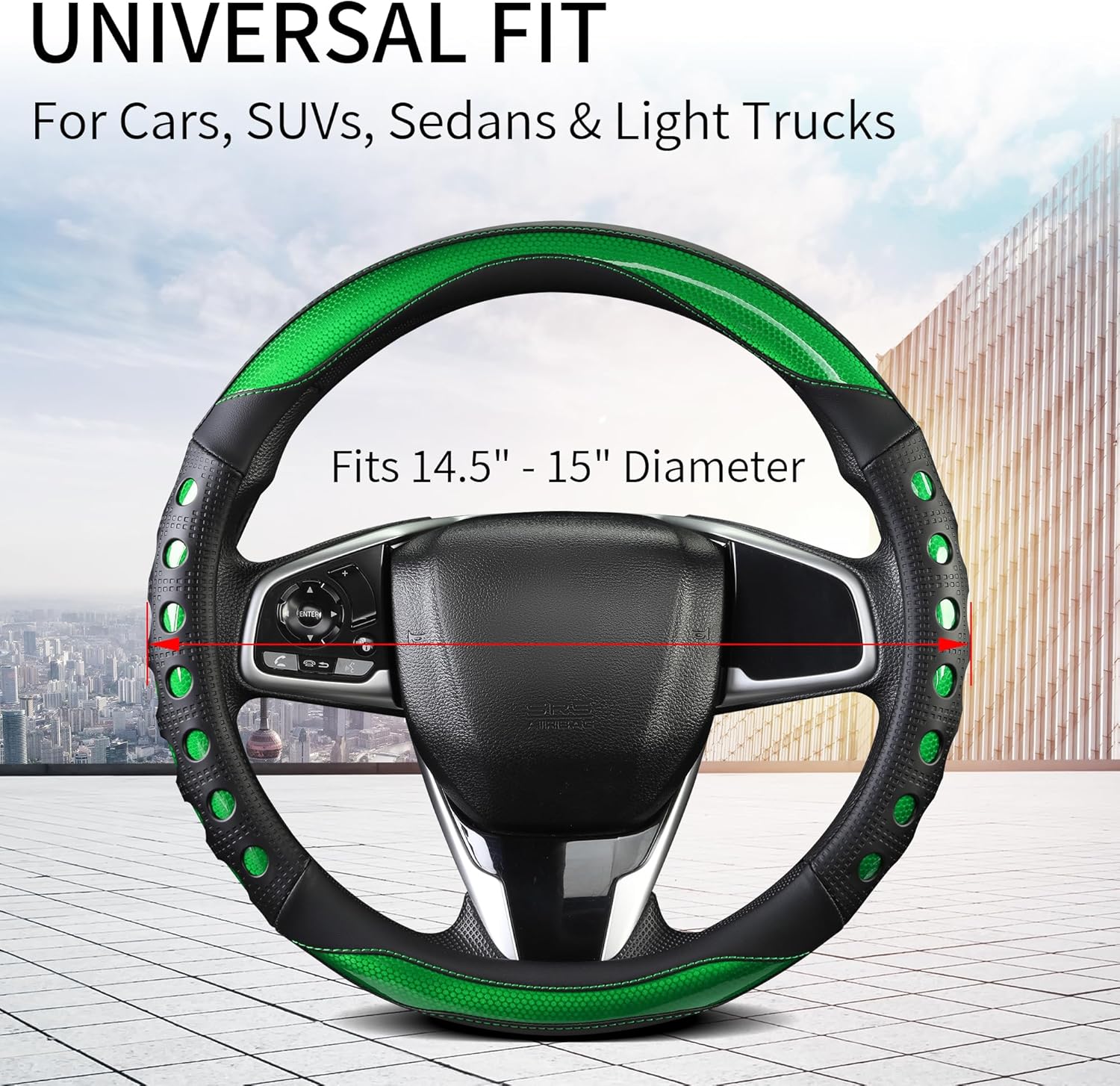 PU Leather Car Steering Wheel Sleeve with Non-Slip Grip, Suitable for Both Men and Women, Universal Fits 14.5-15 Inch Cars, Trucks, SUVs (Green (Round), Medium (Standard) Size [14 1/2-15 Inches]) ) - Image 3